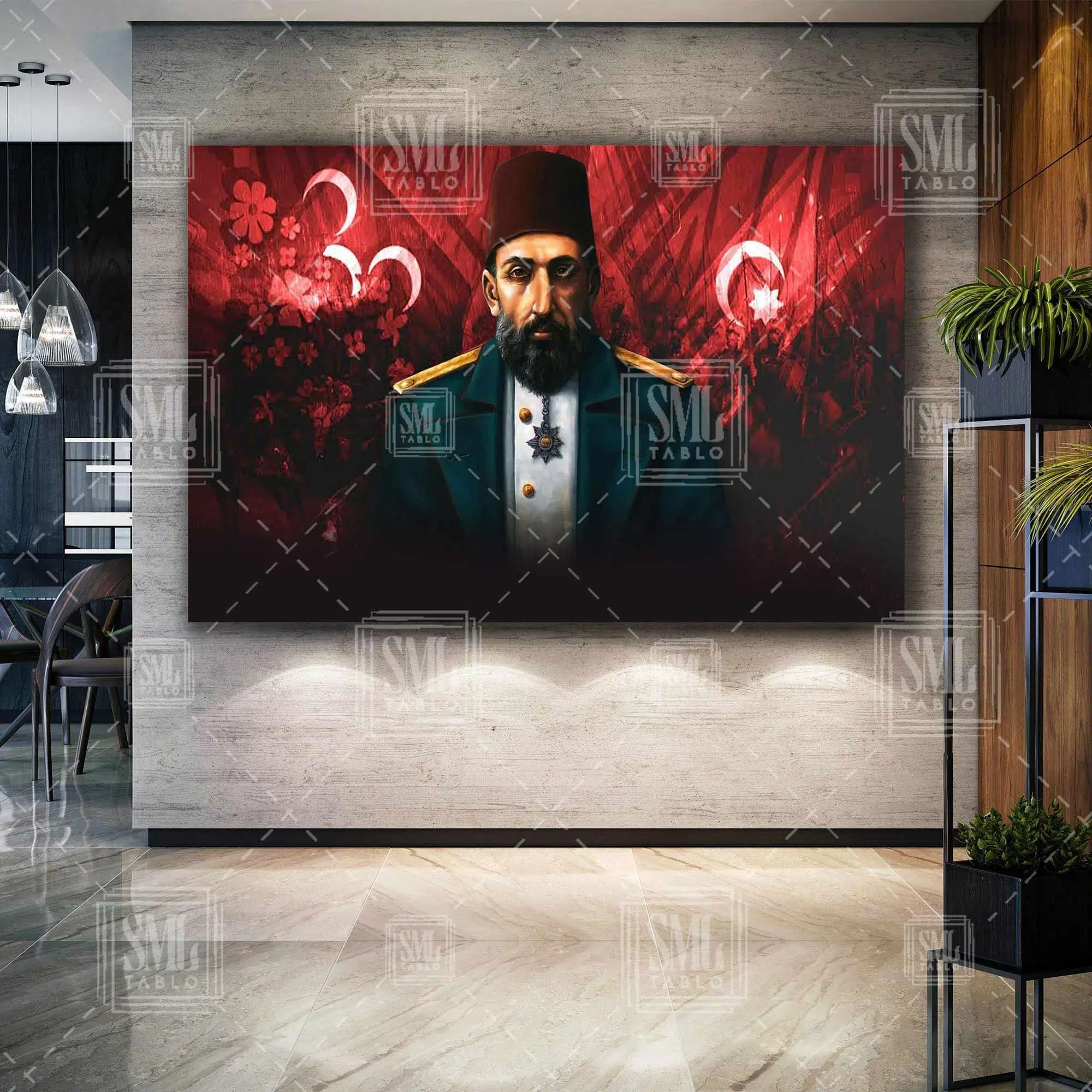 Abdülhamit Han Son Osmanlı Padişahı Dekor Bayrak Üç Hilal Yatay Kanvas Tablo