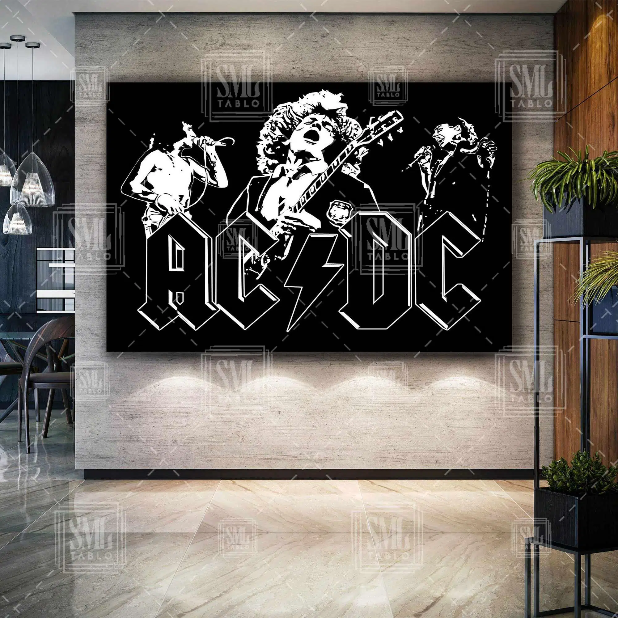 Ac Dc Rock N Roll Müzik Grubu Gitar Siyah Beyaz Nostalji Sanat Yatay Kanvas Tablo