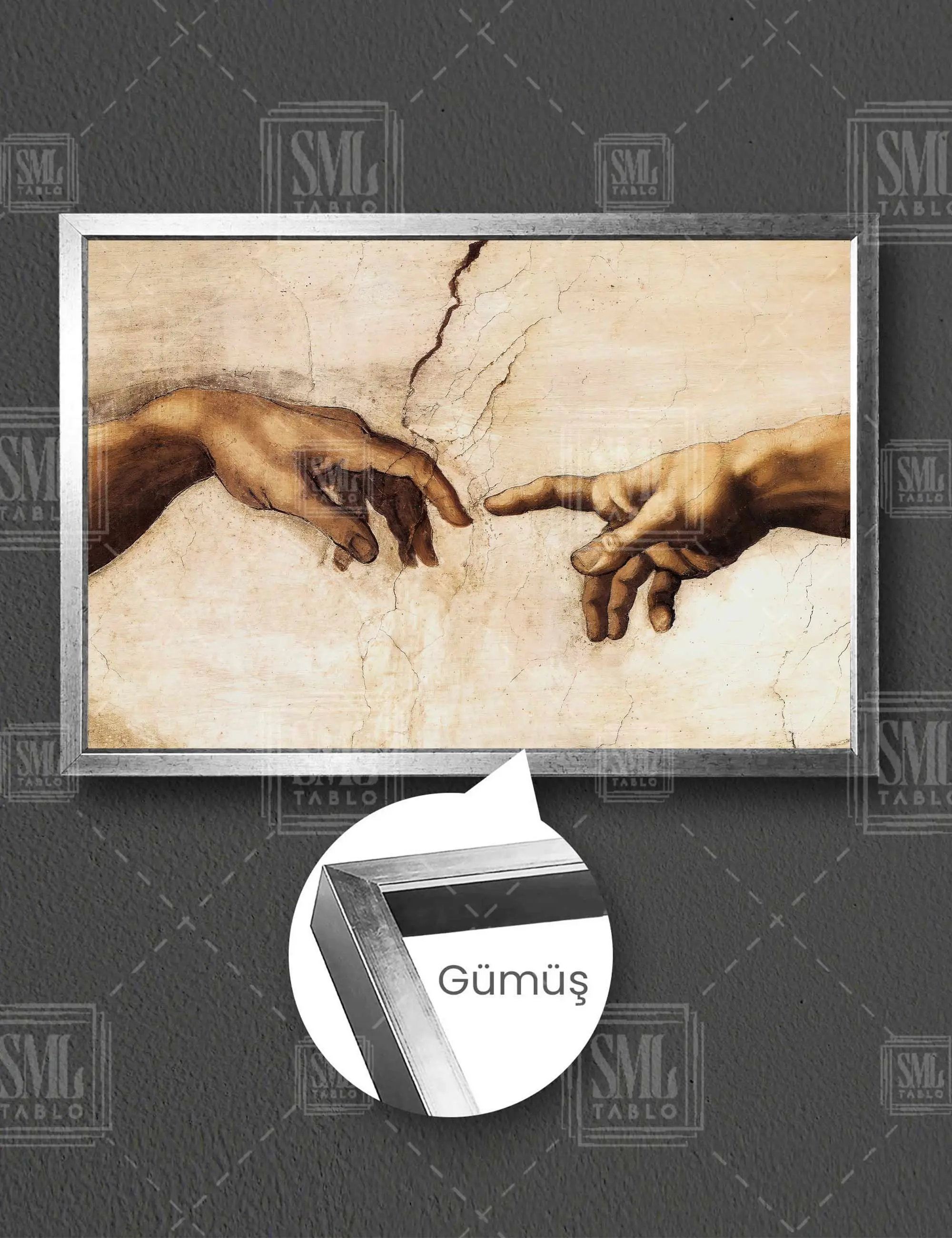 Adem'in Yaratılışı Uzanan ParmaklarMichelangelo Başyapıt Çerçeveli Yatay Kanvas Tablo - Gümüş