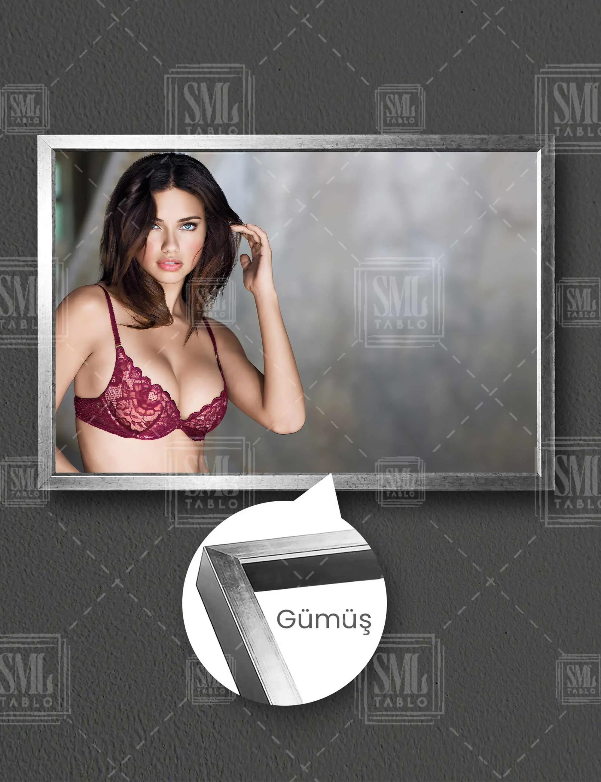 Adriana Lima Victoria Secret Mankeni Angel Çerçeveli Yatay Kanvas Tablo - Gümüş