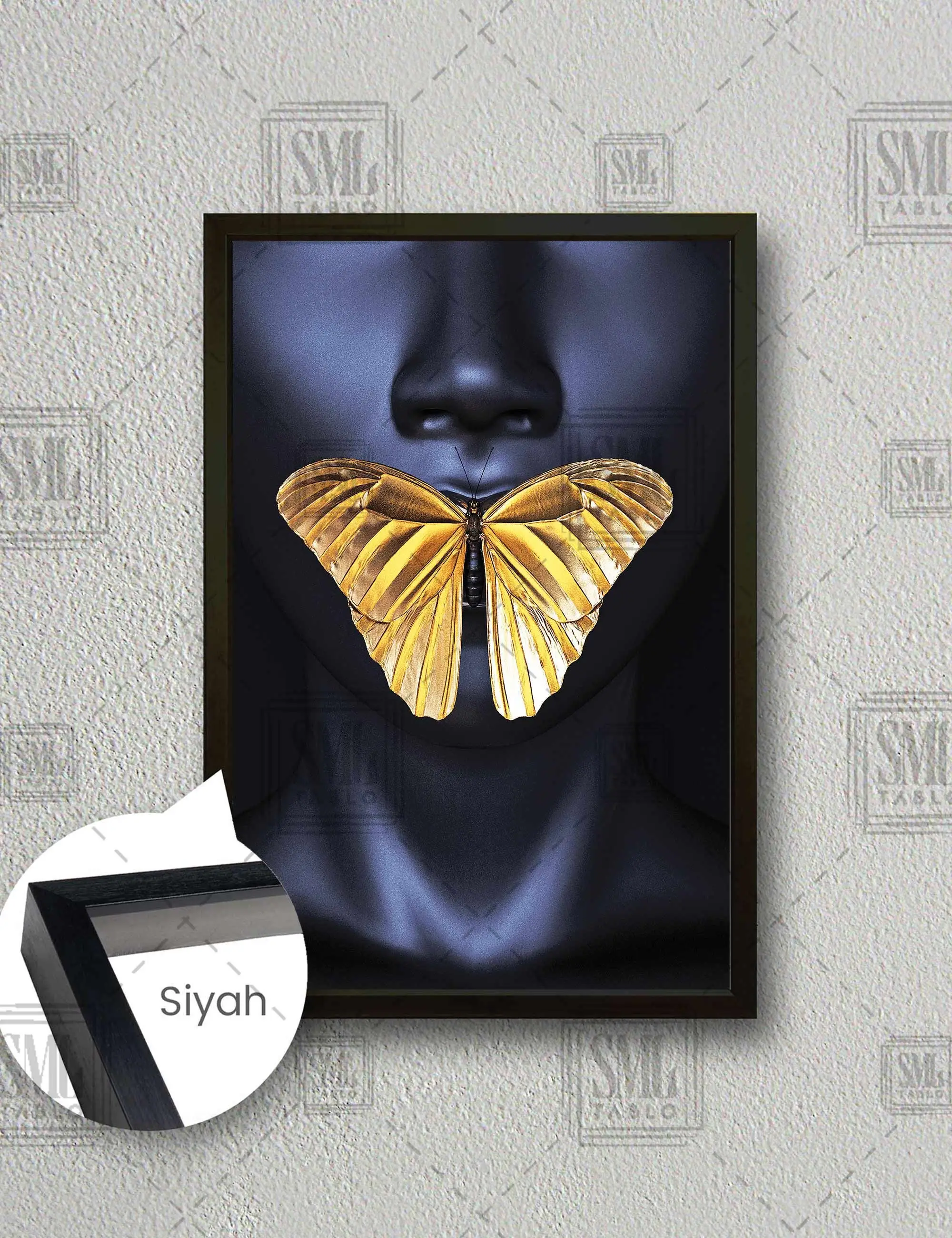 Ağzında Gold Metal Kelebek Tutan Model Çerçeveli Dikey Kanvas Tablo - Siyah