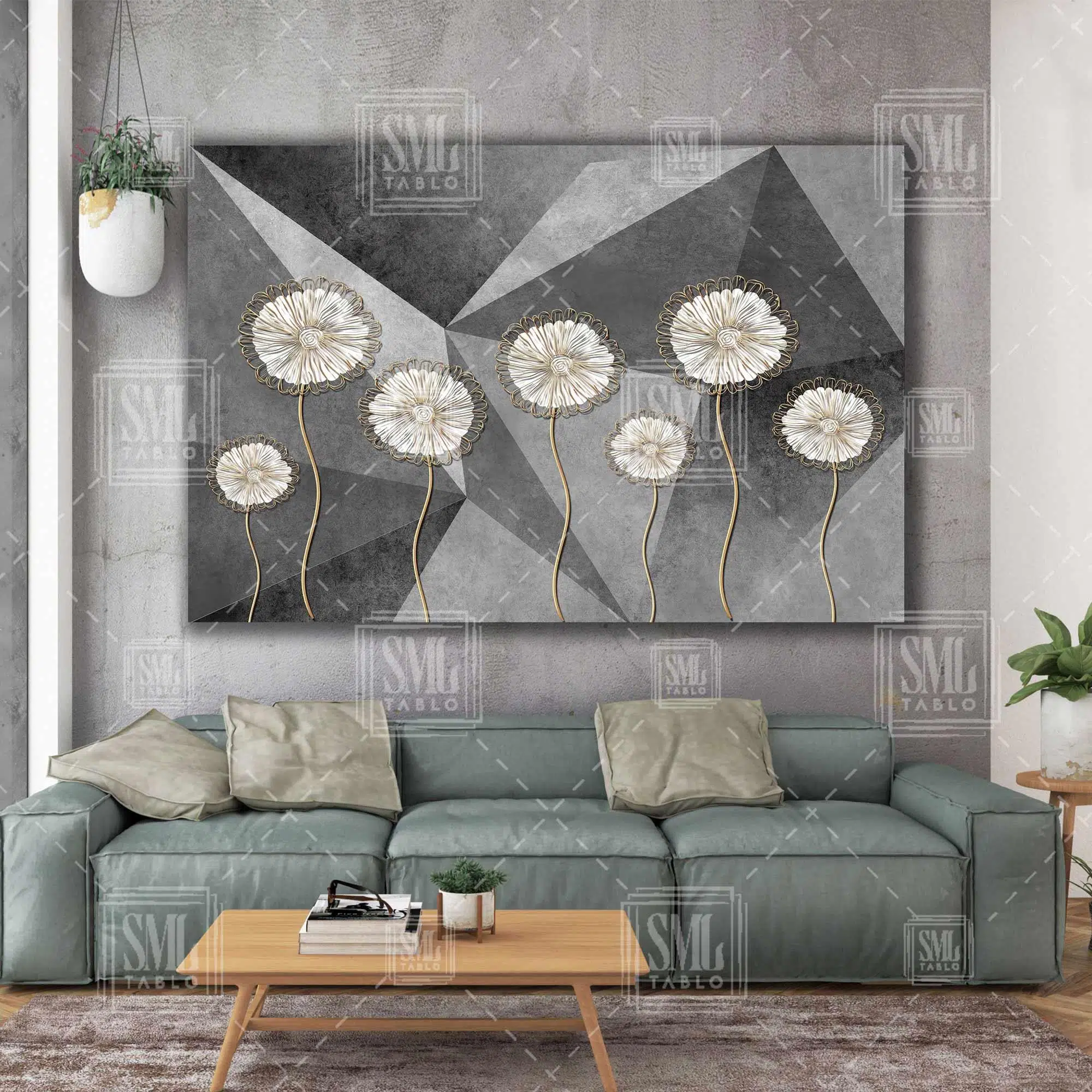 Altın Dallı Hindiba Çiçeği Modern Sanat Doğa Çiçek Yatay Kanvas Tablo