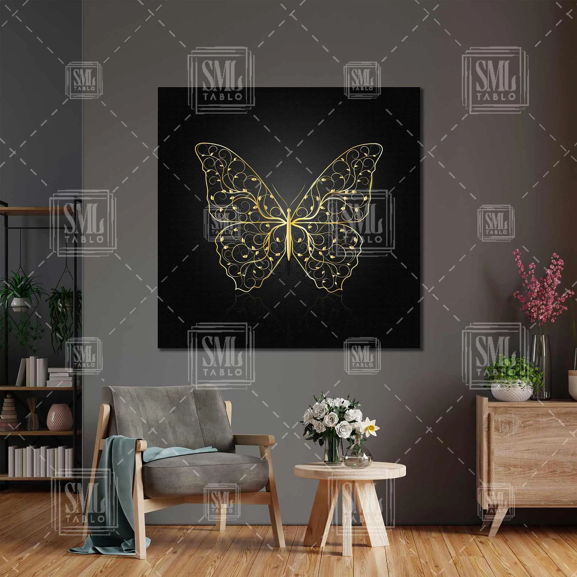 Altın Kelebek Dekorasyon Modern Sanat Lüks Kare Kanvas Tablo