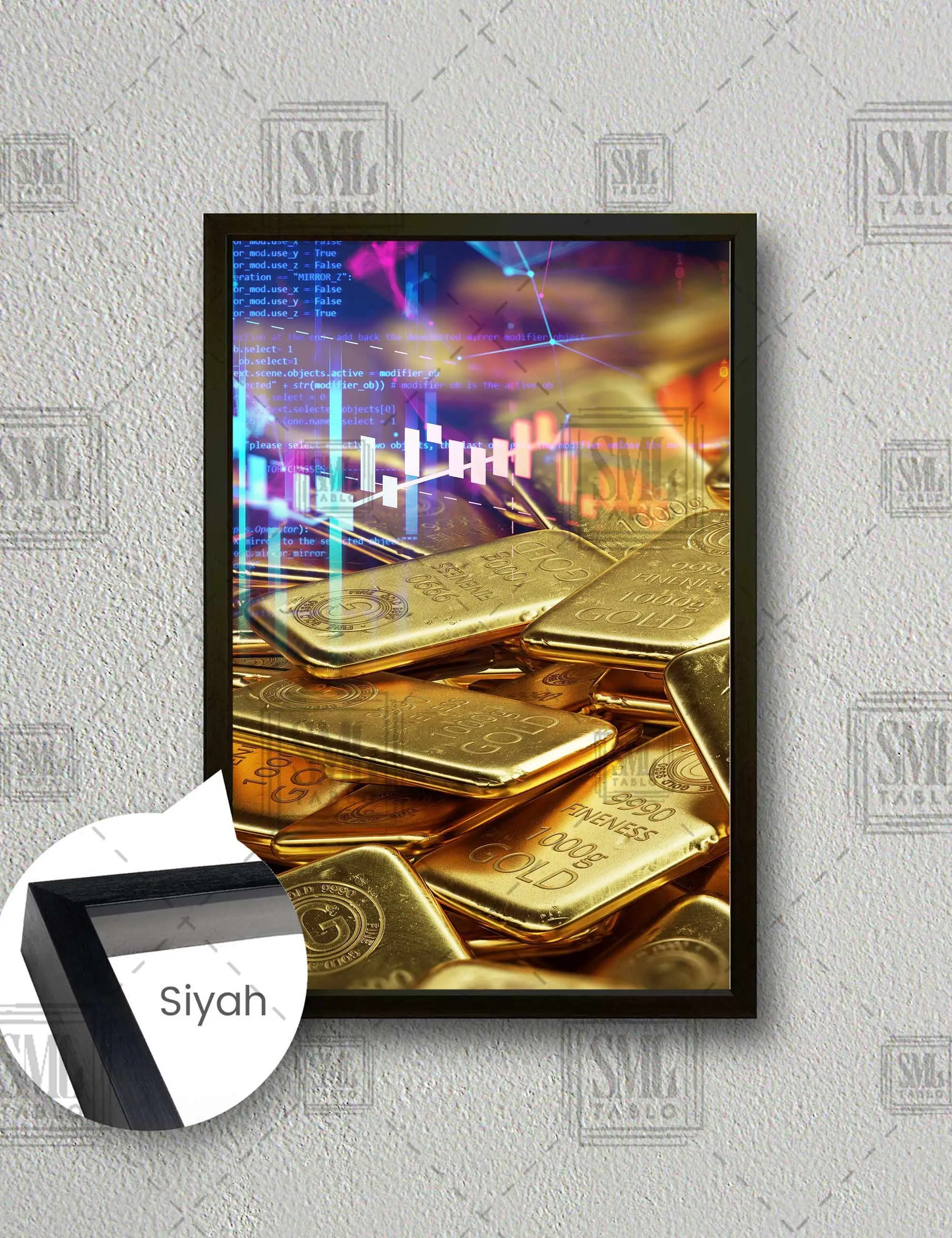 Altın Külçeleri Dijital Veriler Gold Dekor Çerçeveli Dikey Kanvas Tablo - Siyah
