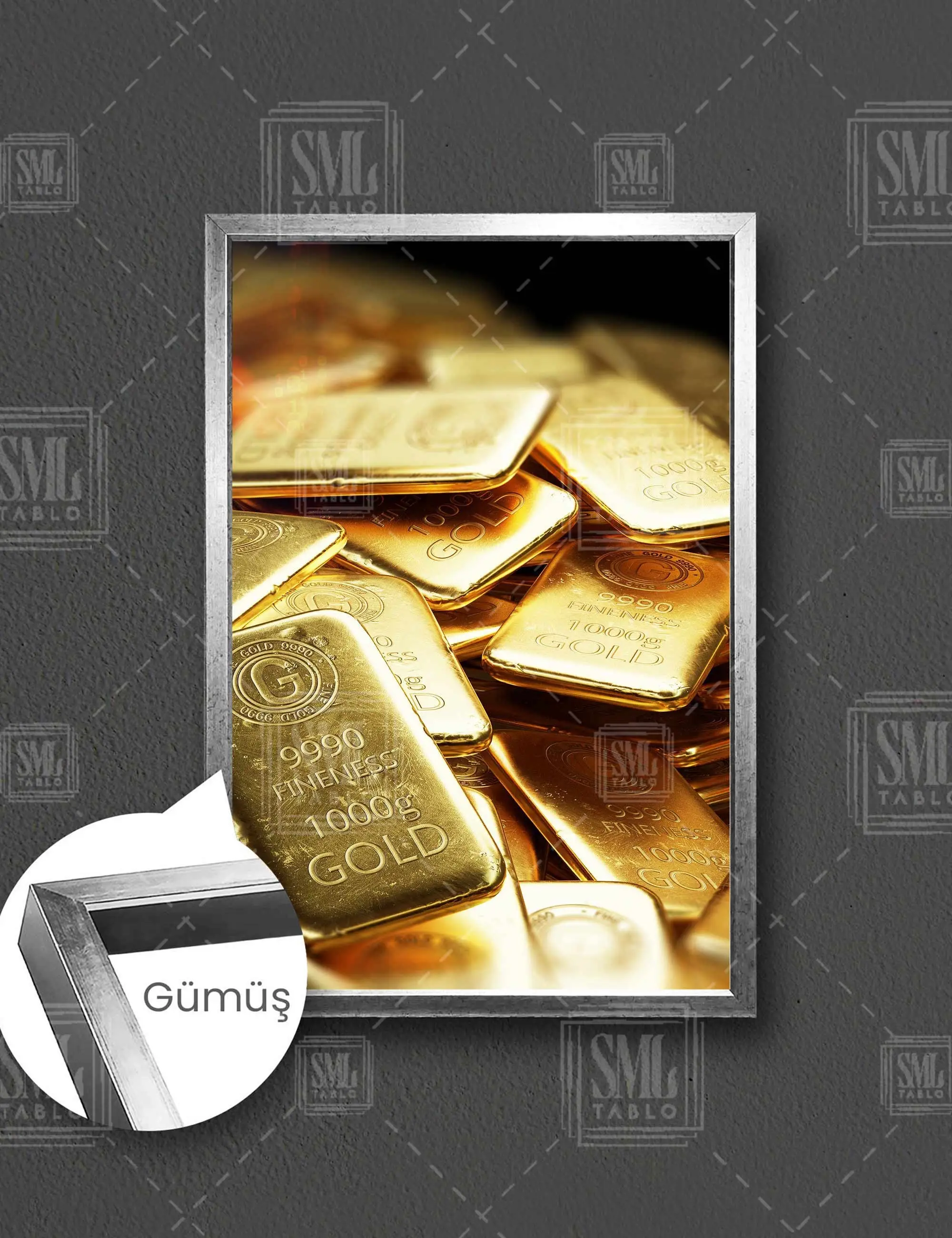 Altın Külçeleri Gold Kuyumcu Dekor Çerçeveli Dikey Kanvas Tablo - Gümüş