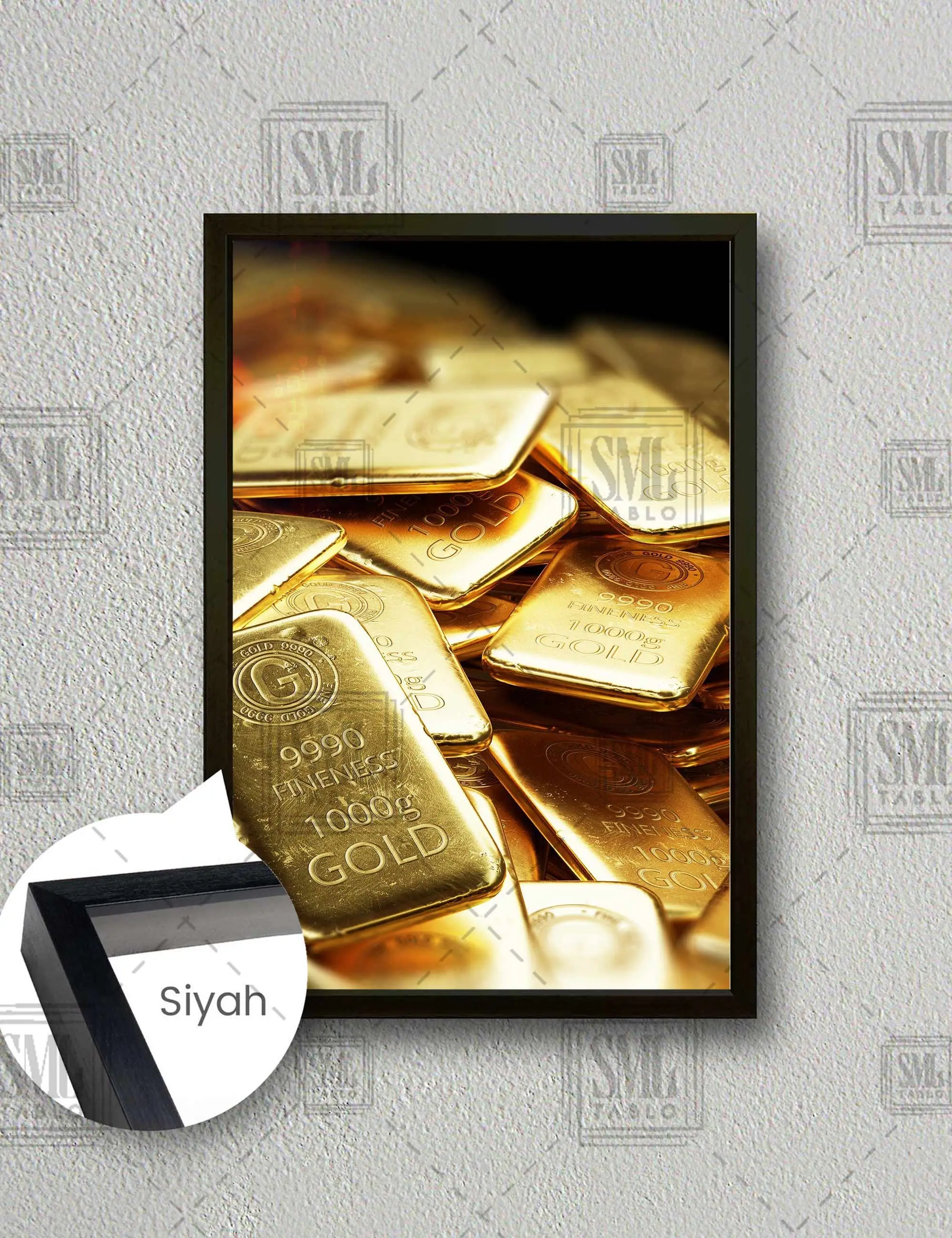 Altın Külçeleri Gold Kuyumcu Dekor Çerçeveli Dikey Kanvas Tablo - Siyah