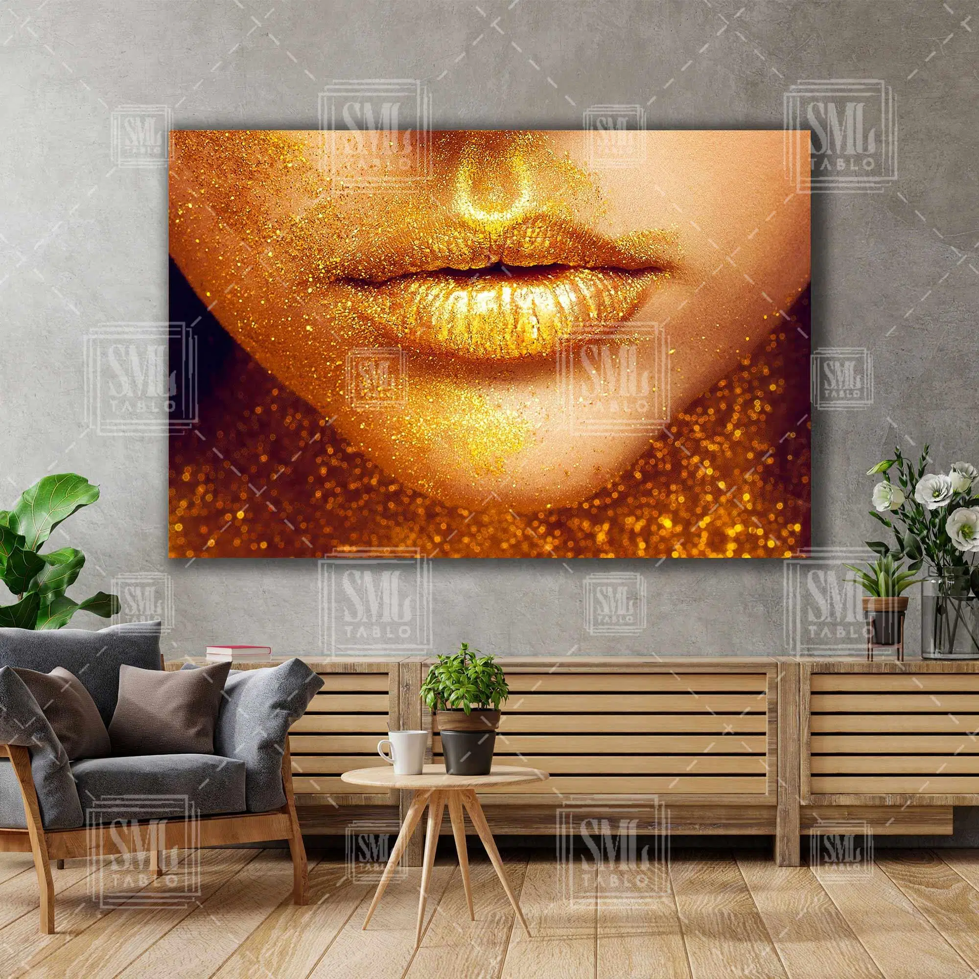 Altın Simli Kadın Dudağı Makyaj Kuaför Gold Ruj Woman Gold Dekor Yatay Kanvas Tablo