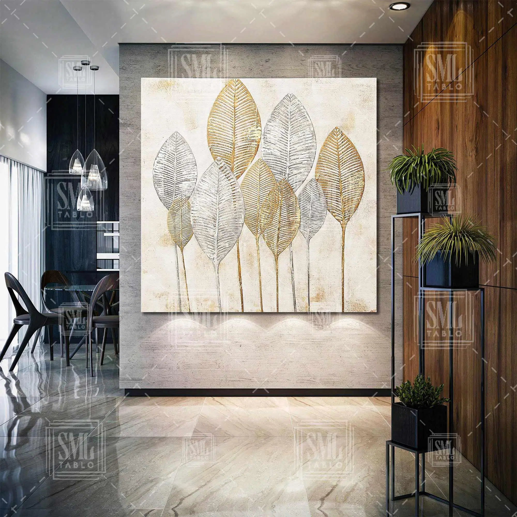 Altın Yapraklar Dekoratif Modern Gold Kare Kanvas Tablo