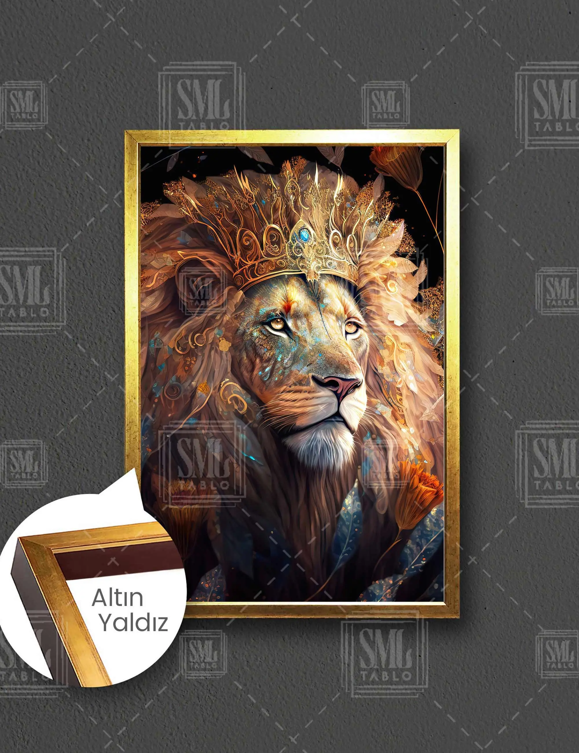 Asil Aslan Ormanlar Kralı Gold Tac Yapraklar ve Çiçekler Fantastik Çerçeveli Dikey Kanvas Tablo