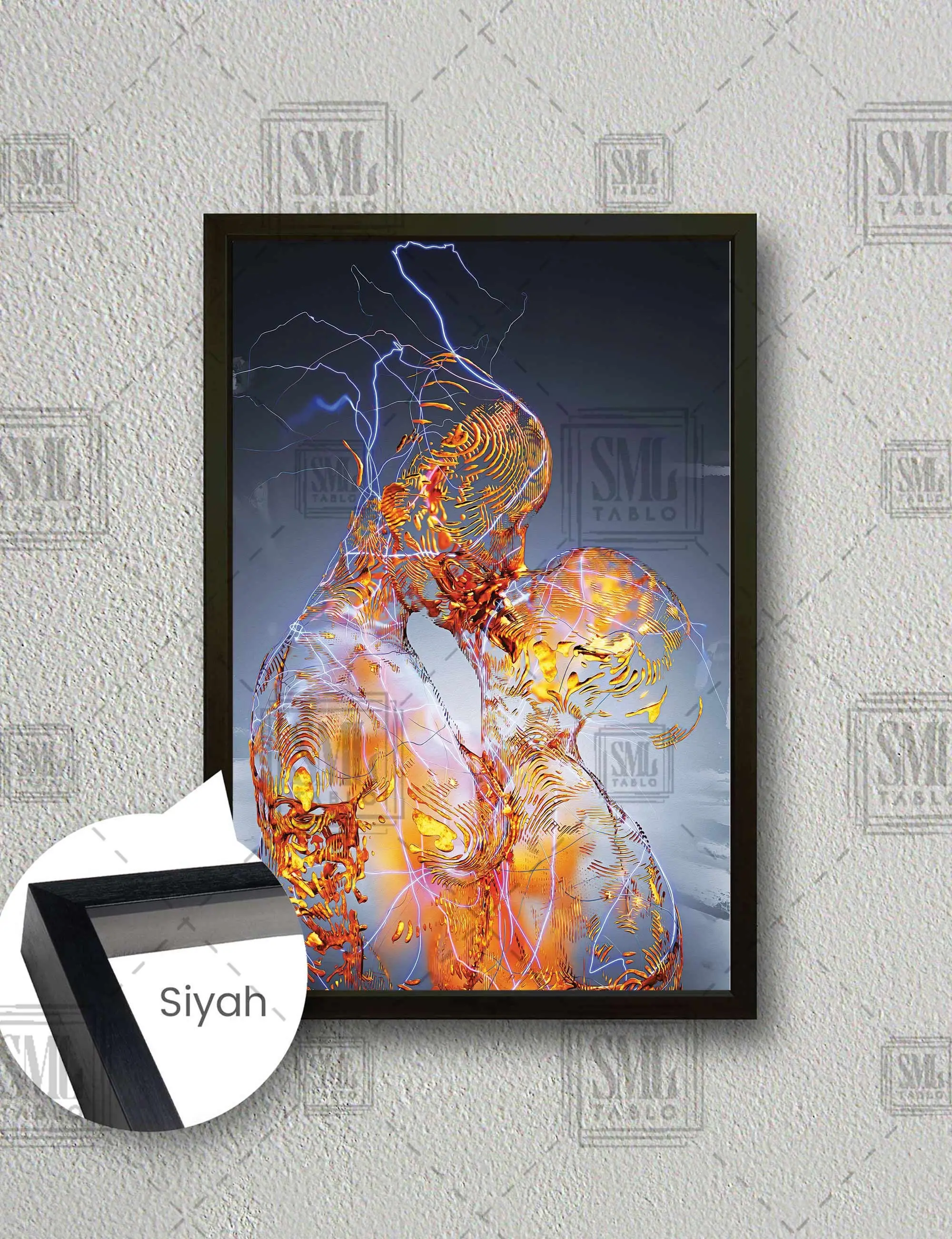 Aşk Sevgililerden Saçılan Elektrik Love Eletricity Çerçeveli Dikey Kanvas Tablo - Siyah