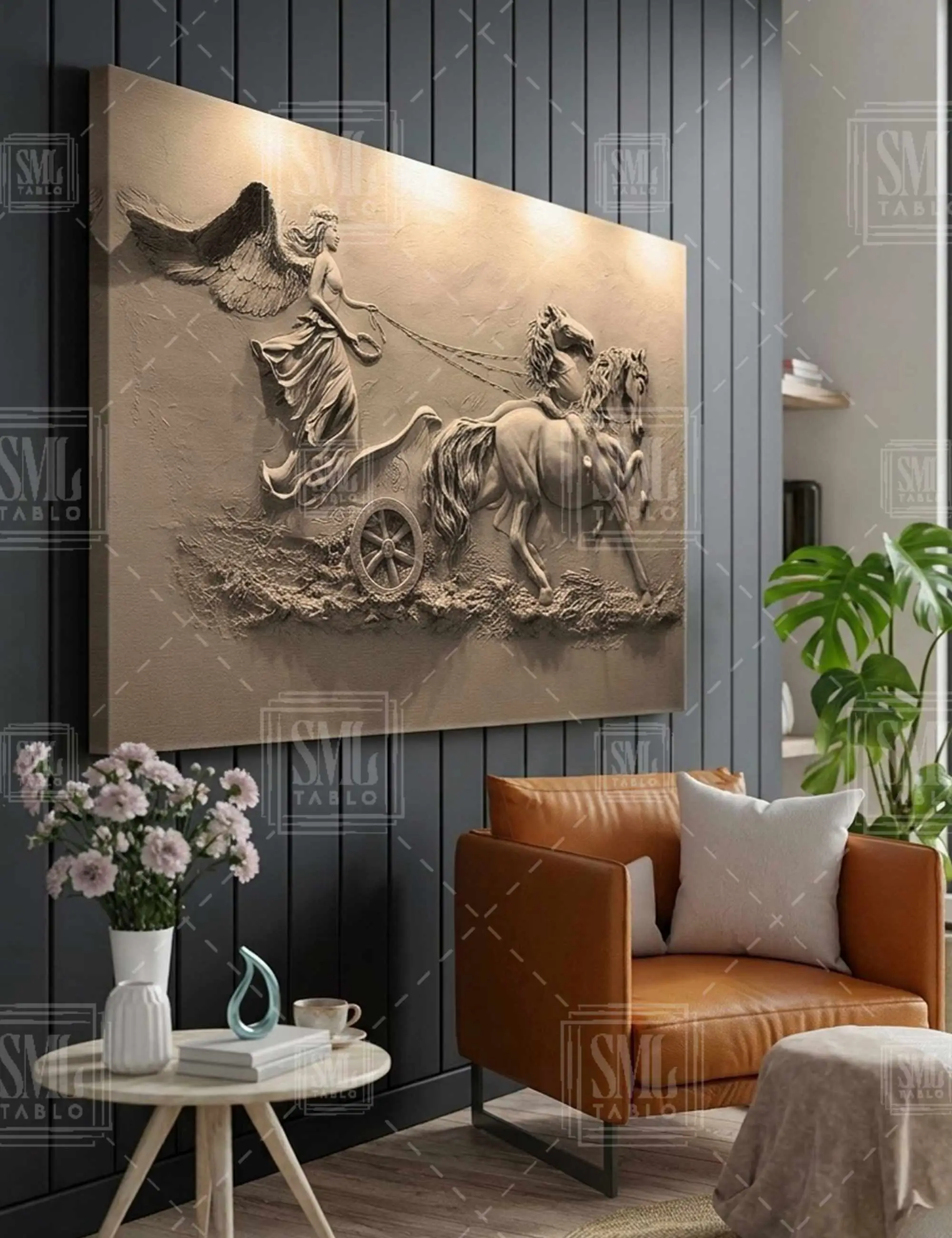 3D Rölyef Görünümlü Atlı Araba Yatay Kanvas Tablo Modern Lüks Salon Ofis Dekoru