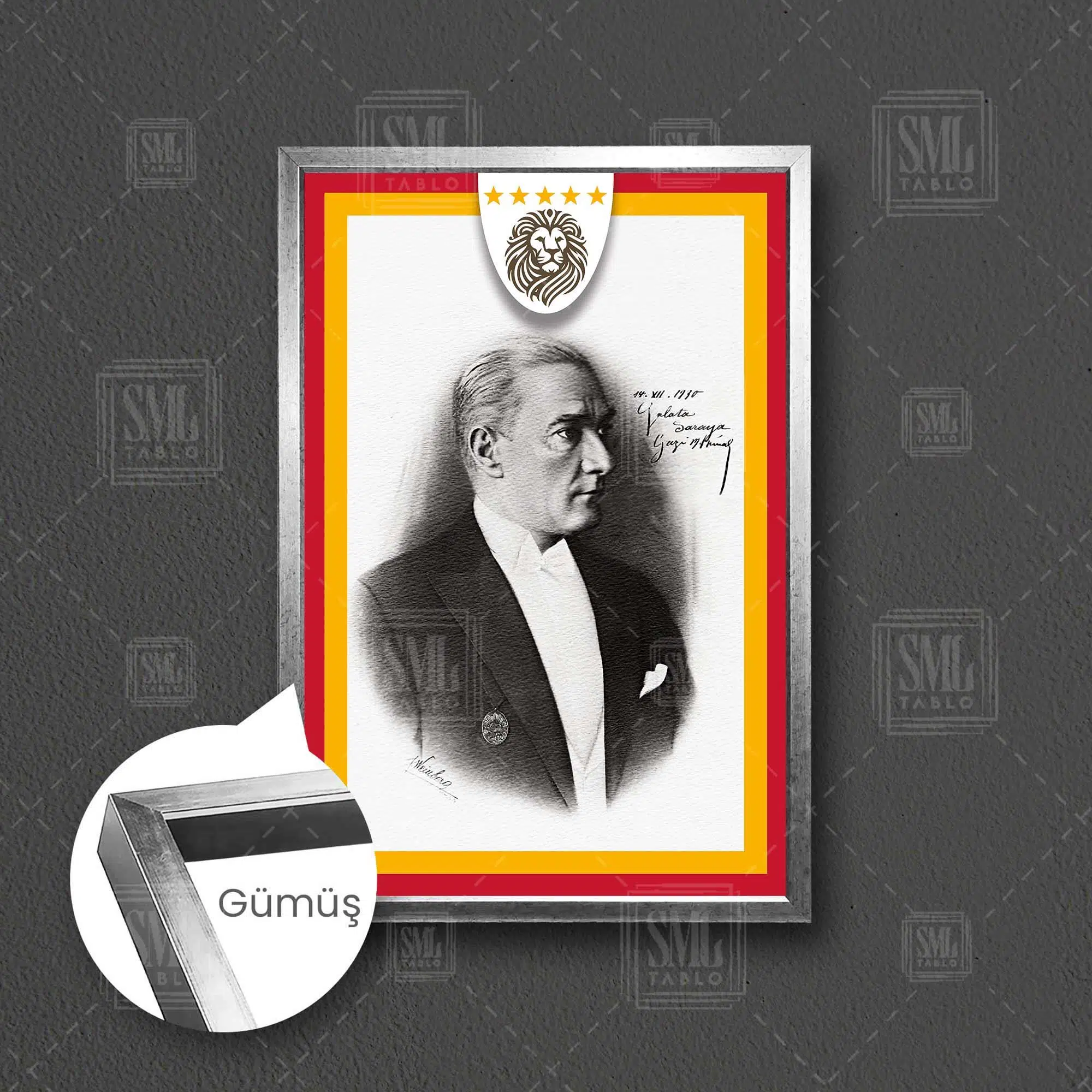 Atatürk Galatasaray Lisesi Ziyareti Hatırası Kırmızı Sarı Mustafa Kemal Çerçeveli Dikey Kanvas Tablo - Gümüş