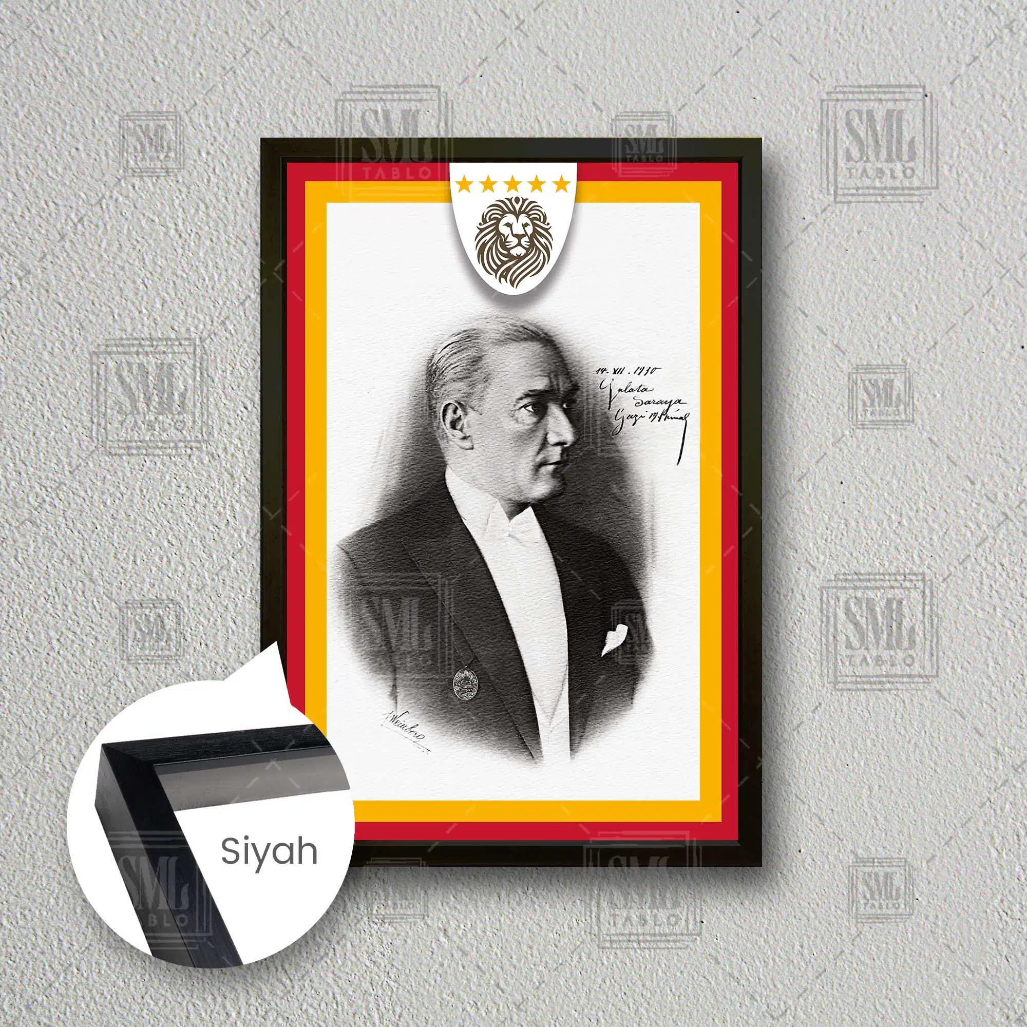 Atatürk Galatasaray Lisesi Ziyareti Hatırası Kırmızı Sarı Mustafa Kemal Çerçeveli Dikey Kanvas Tablo - Siyah