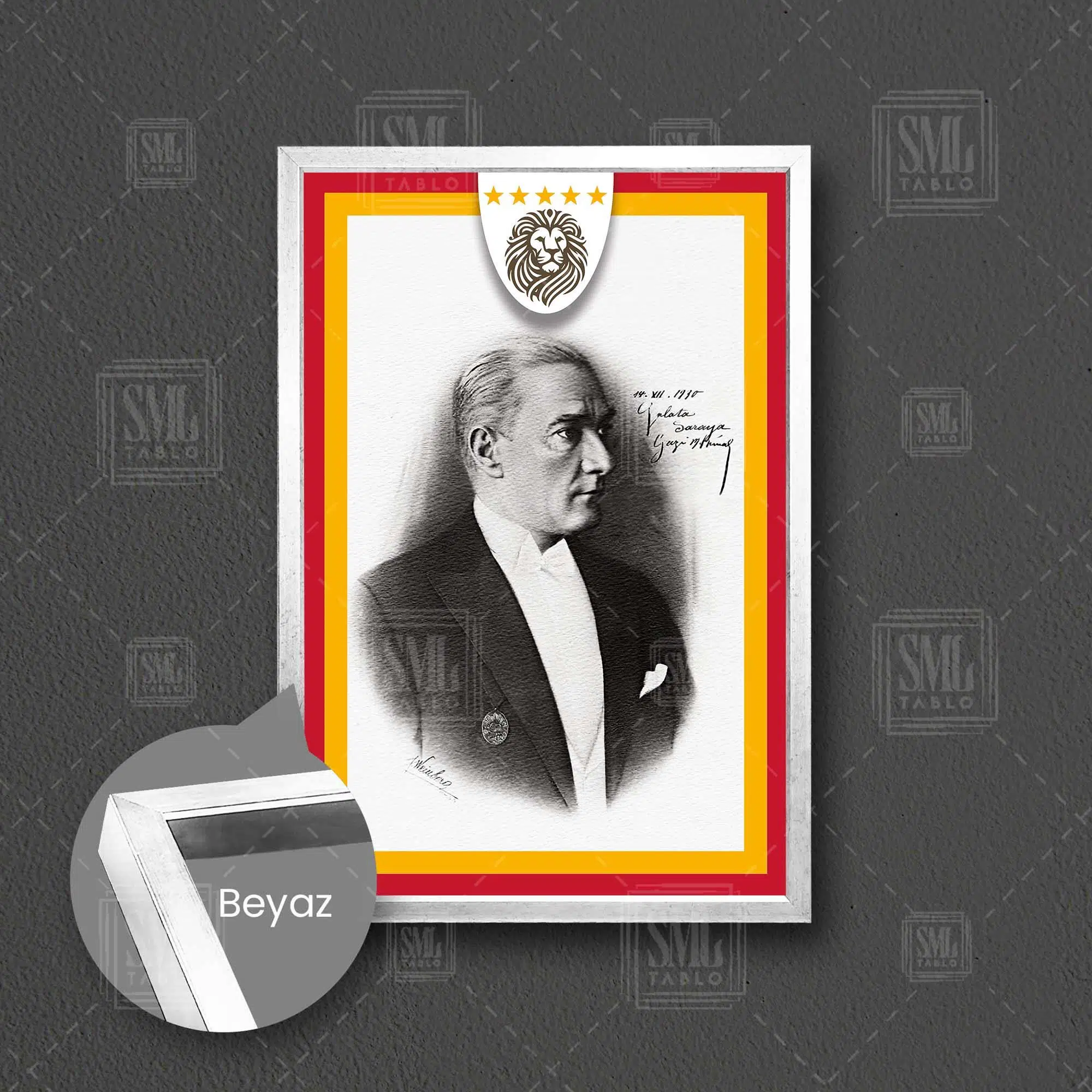 Atatürk Galatasaray Lisesi Ziyareti Hatırası Kırmızı Sarı Mustafa Kemal Çerçeveli Dikey Kanvas Tablo - Beyaz