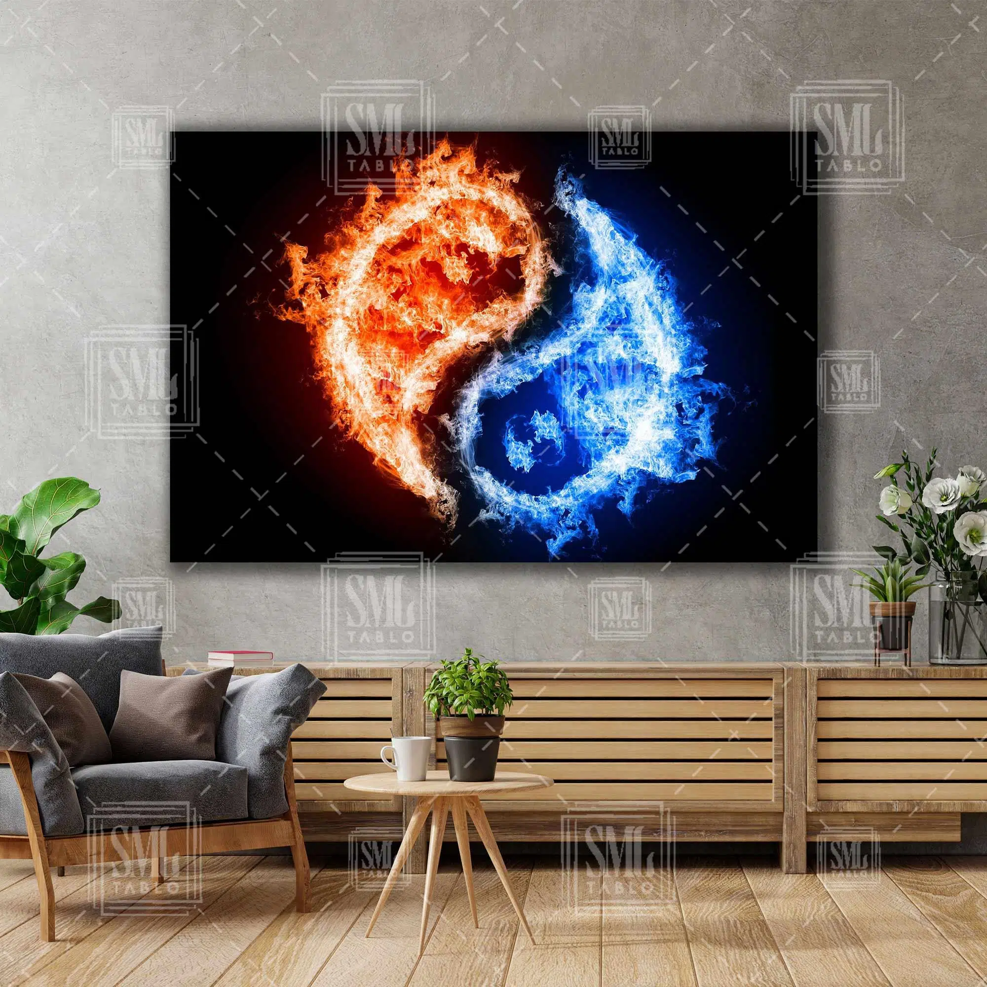 Ateş Ve Su Ying Yang Eşitlik Zıtlık Güç Yingyang Yatay Kanvas Tablo