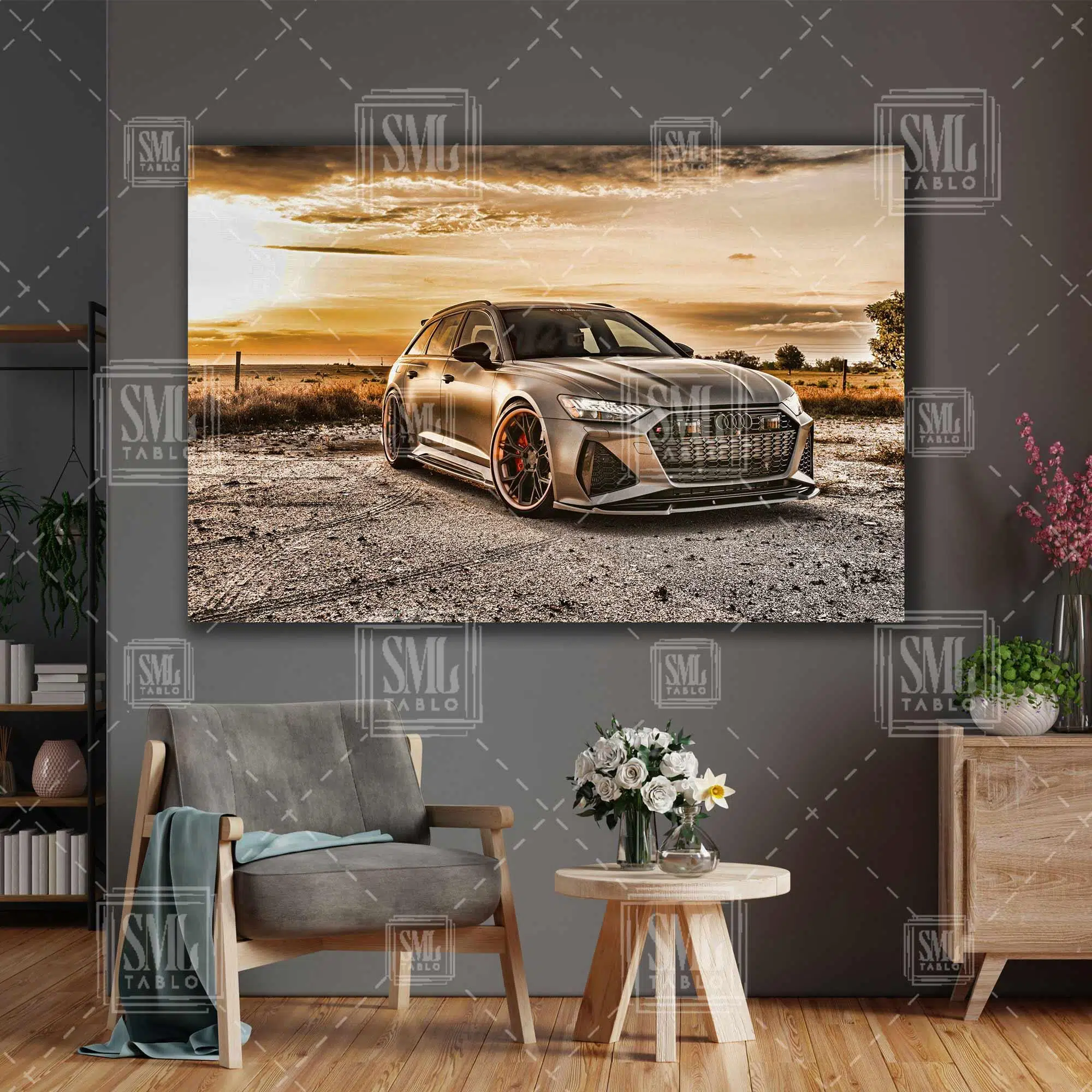 Audi Rs6 Araba Doğa Manzara Gün Batımı Bulutlar Car Yatay Kanvas Tablo