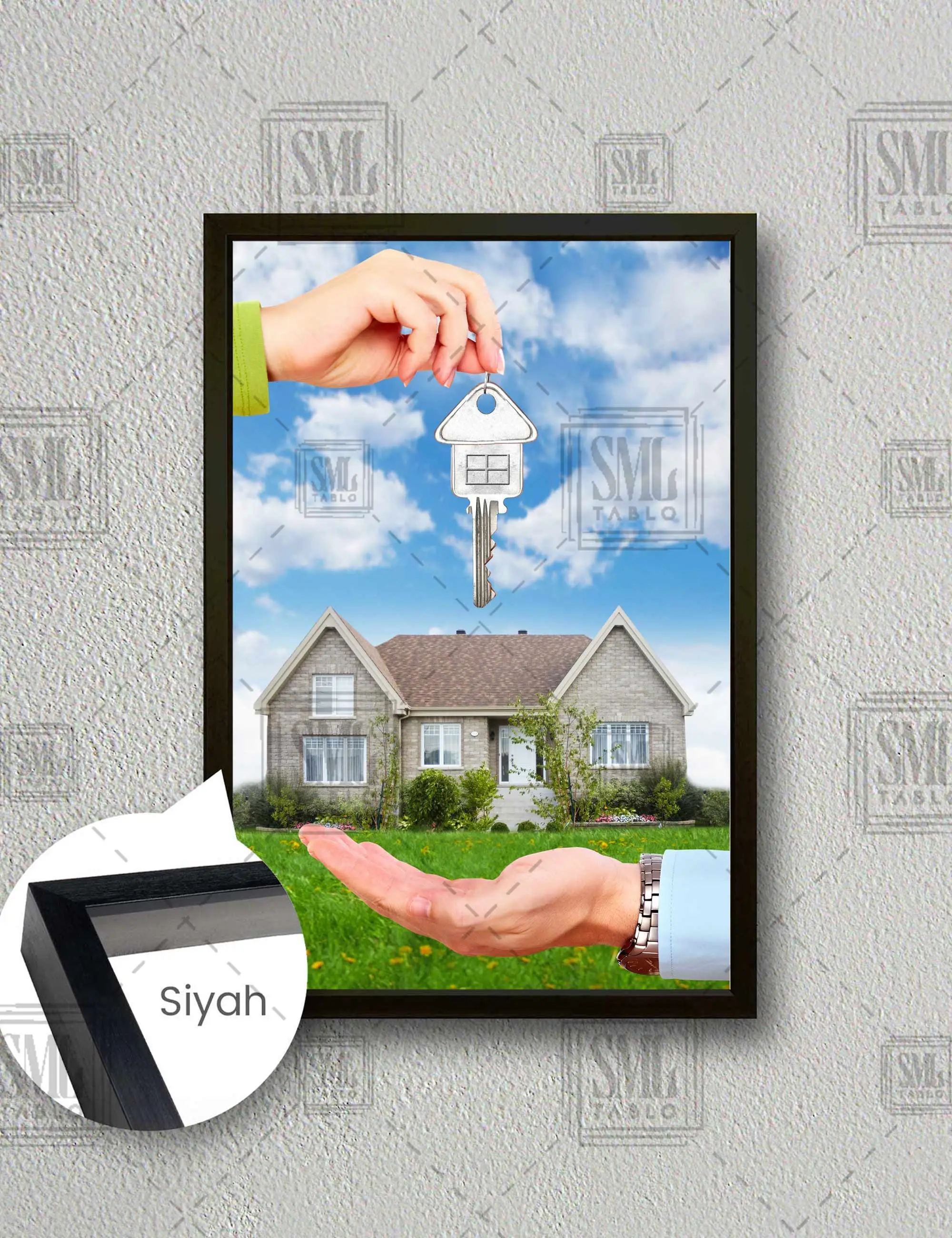 Bahçeli Ev Emlak Ofisi Real Estate Emlakçı Çerçeveli Dikey Kanvas Tablo - Siyah