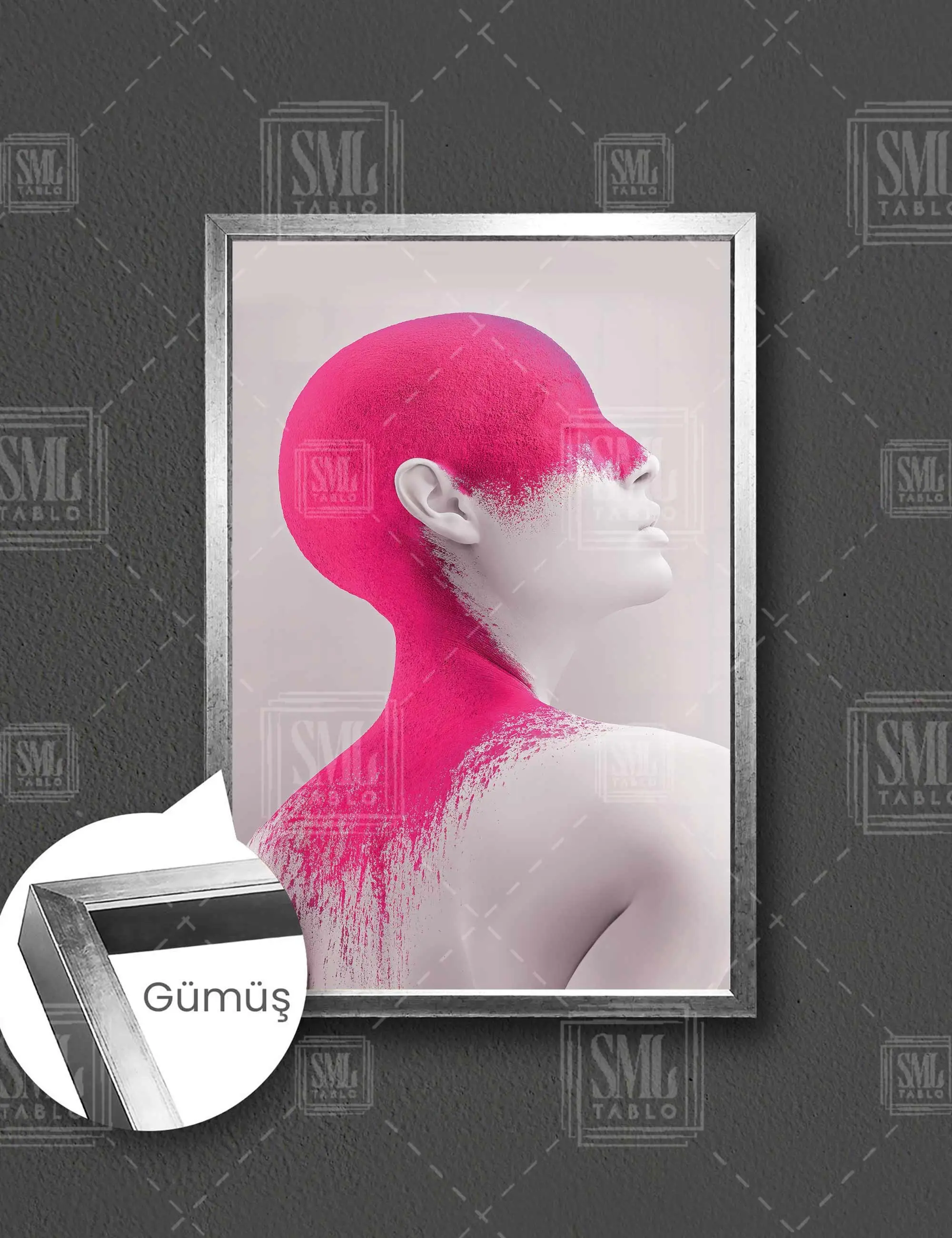 Başı Pembe Boyalı Model Dekoratif Çerçeveli Dikey Kanvas Tablo - Gümüş
