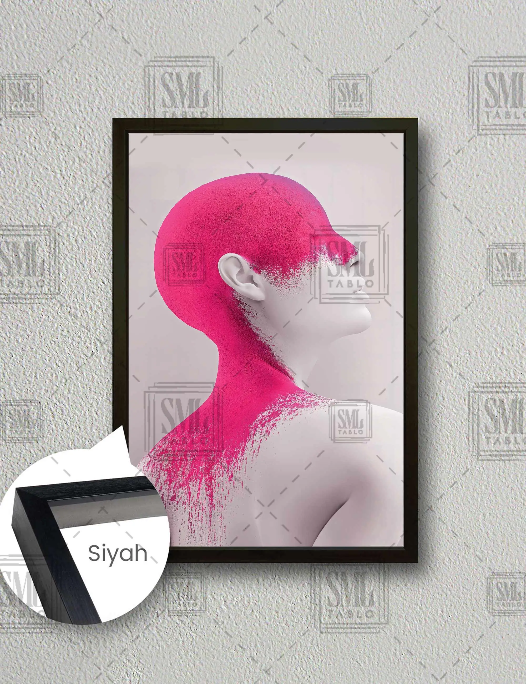 Başı Pembe Boyalı Model Dekoratif Çerçeveli Dikey Kanvas Tablo - Siyah