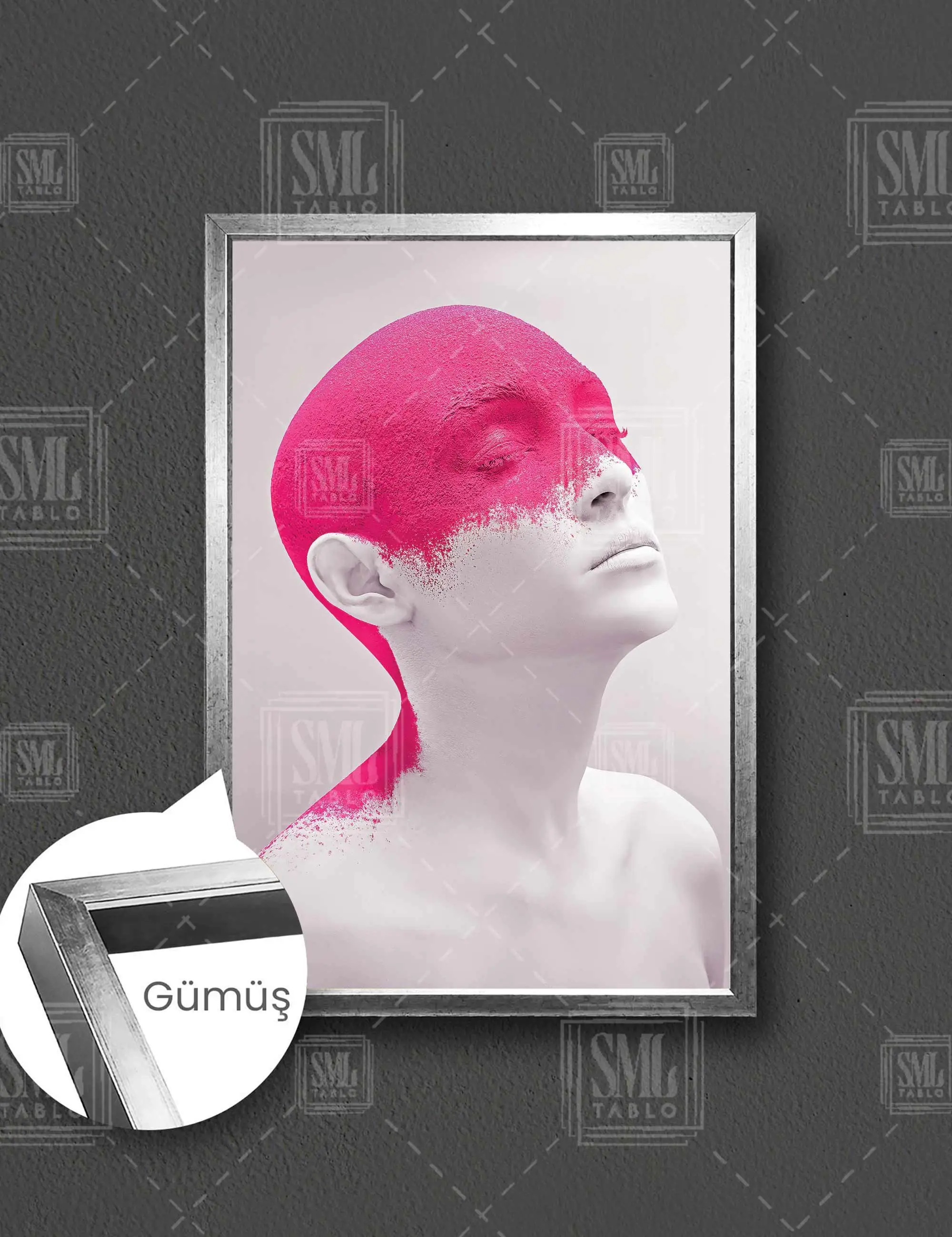 Başında Pembe Boya Olan Model Çerçeveli Dikey Kanvas Tablo - Gümüş