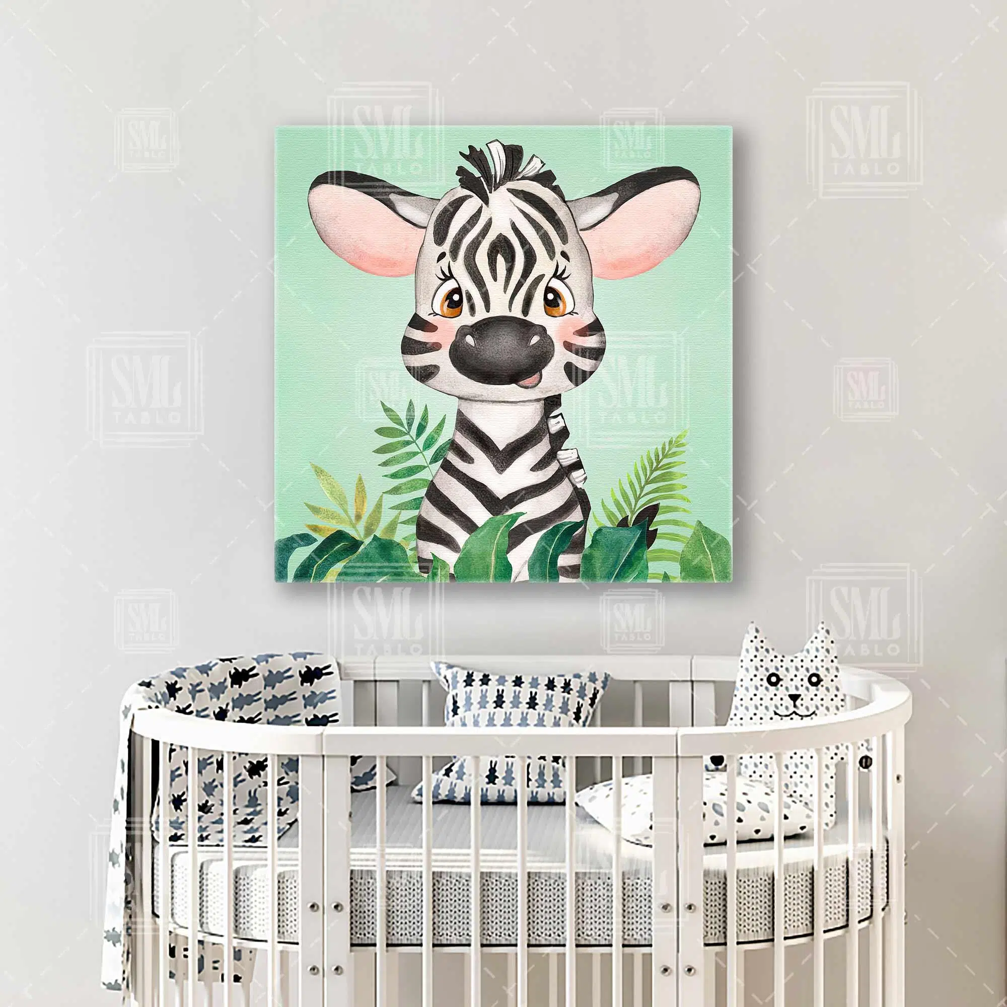 Bebek Zebra Tropikal Bitkiler Yeşil Fon Bebek Odası Kanvas Kare Kanvas Tablo