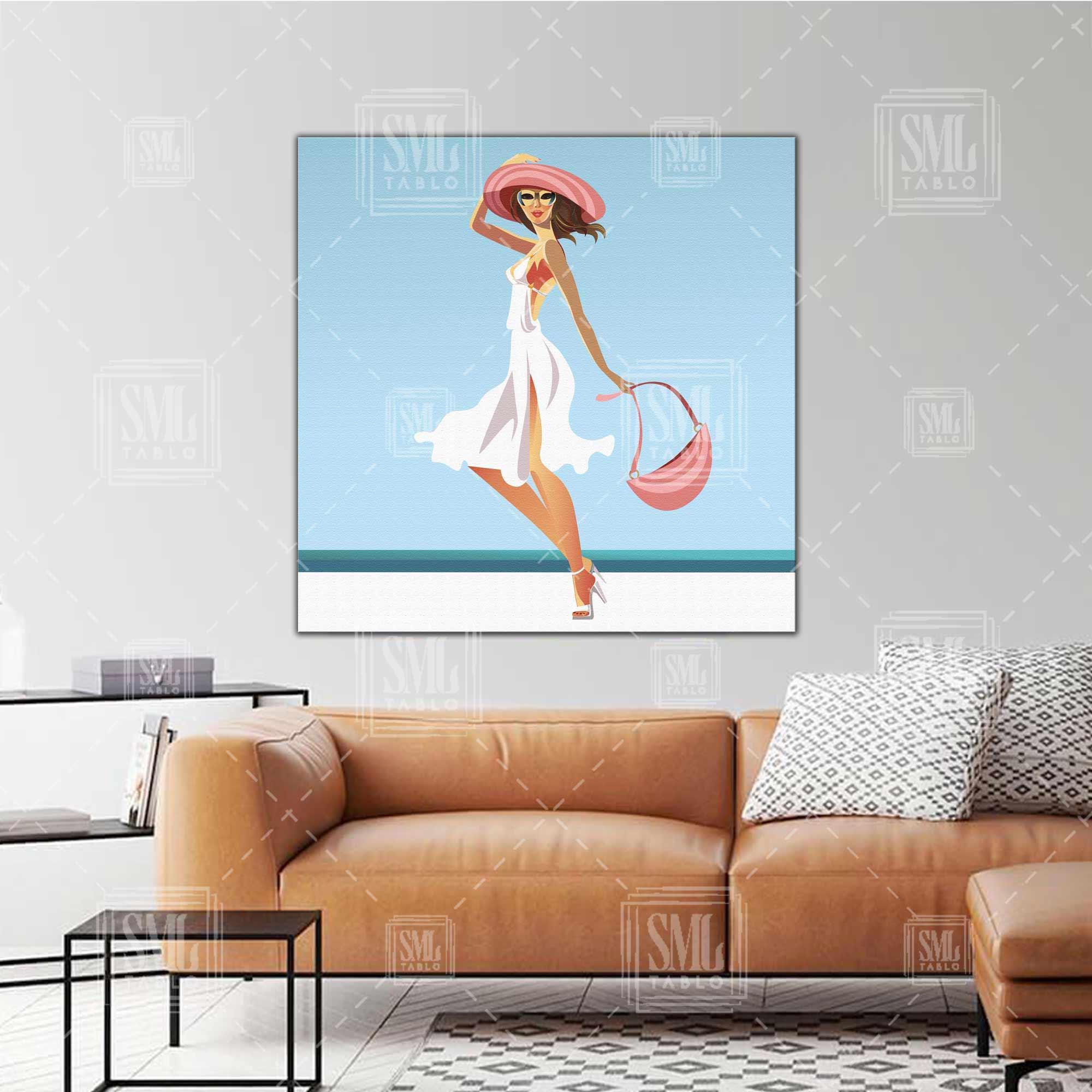 Beyaz Elbiseli Şapkalı Modern Kadın Dekoratif Kare Kanvas Tablo Beyaz Elbiseli Şapkalı Modern Kadın Dekoratif Kare Kanvas Tablo