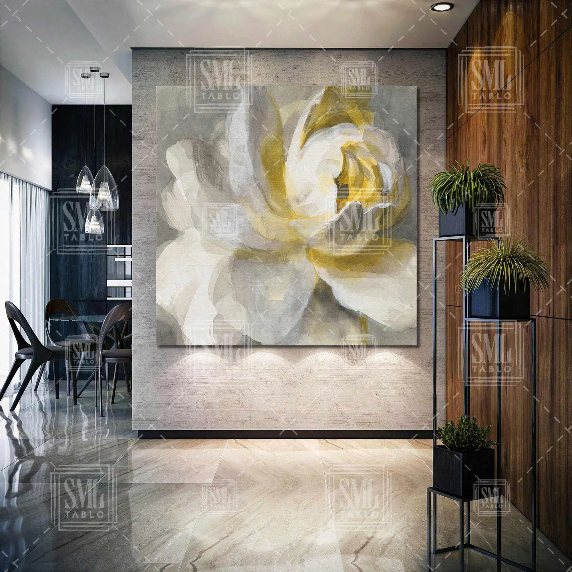 Beyaz Sarı Dekoratif Çiçek Modern Pastel Renkler Kare Kanvas Tablo
