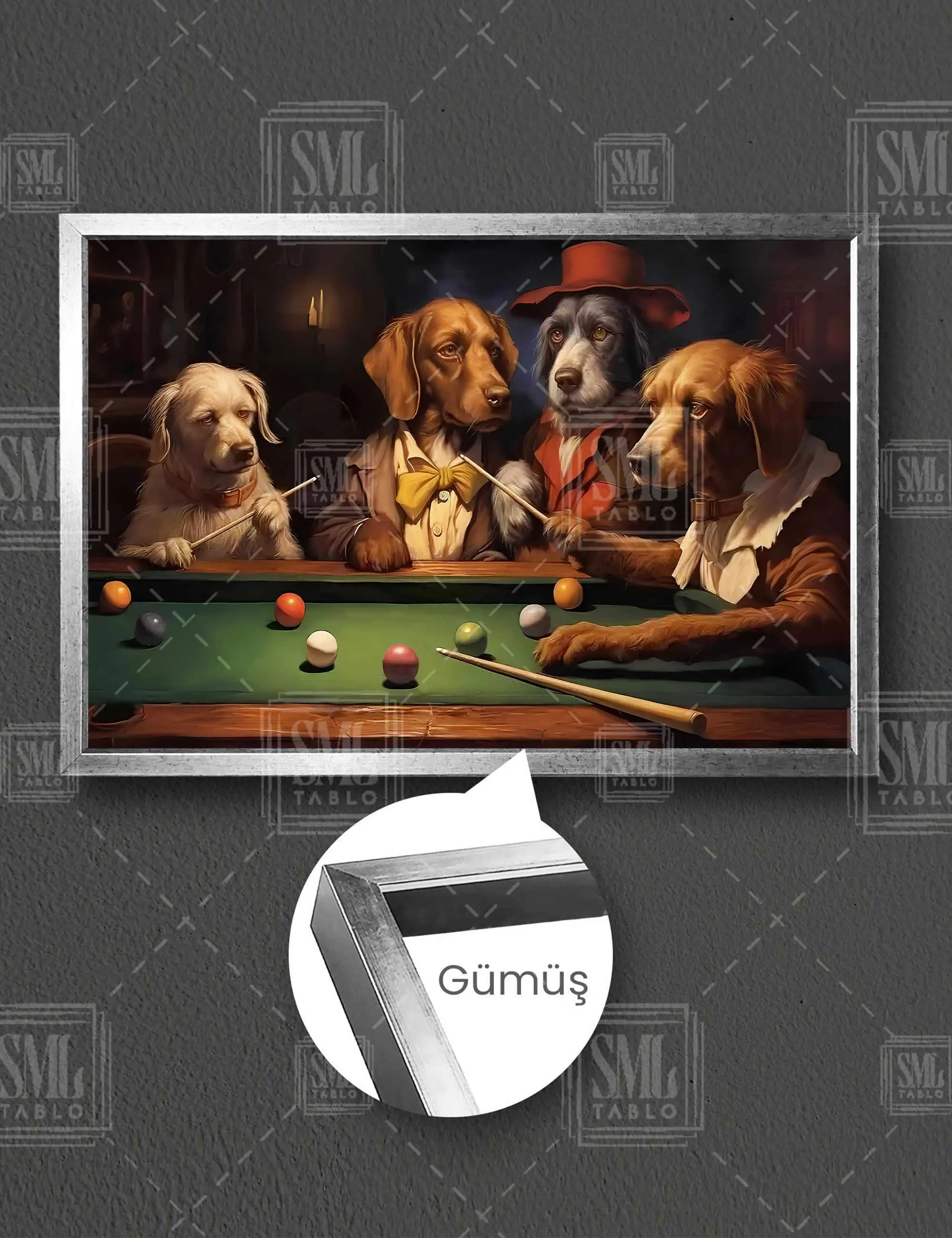 Bilardo Oynayan Takım Elbiseli Köpek Komik Hayvan Dekor Çerçeveli Yatay Kanvas Tablo - Gümüş