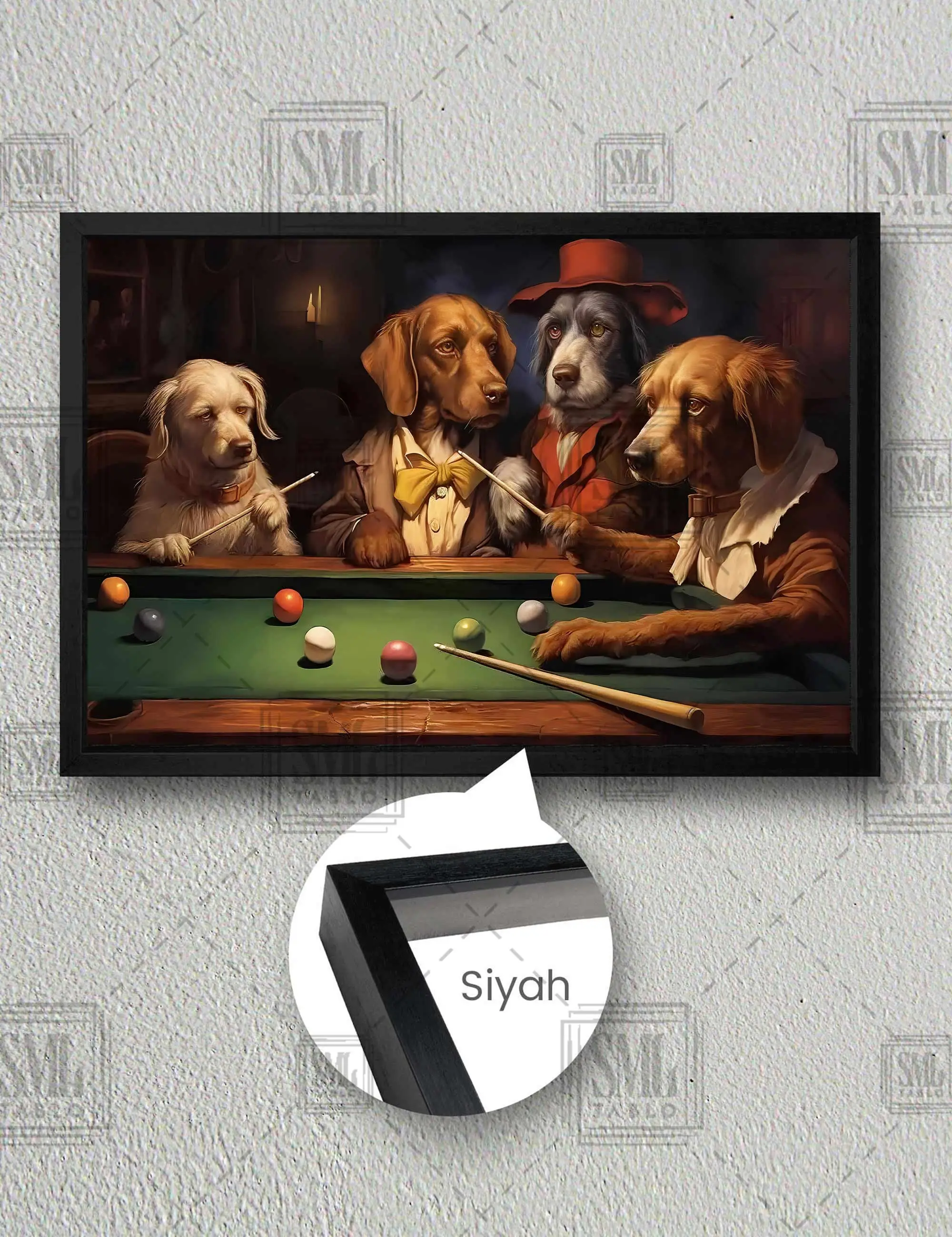 Bilardo Oynayan Takım Elbiseli Köpek Komik Hayvan Dekor Çerçeveli Yatay Kanvas Tablo - Siyah