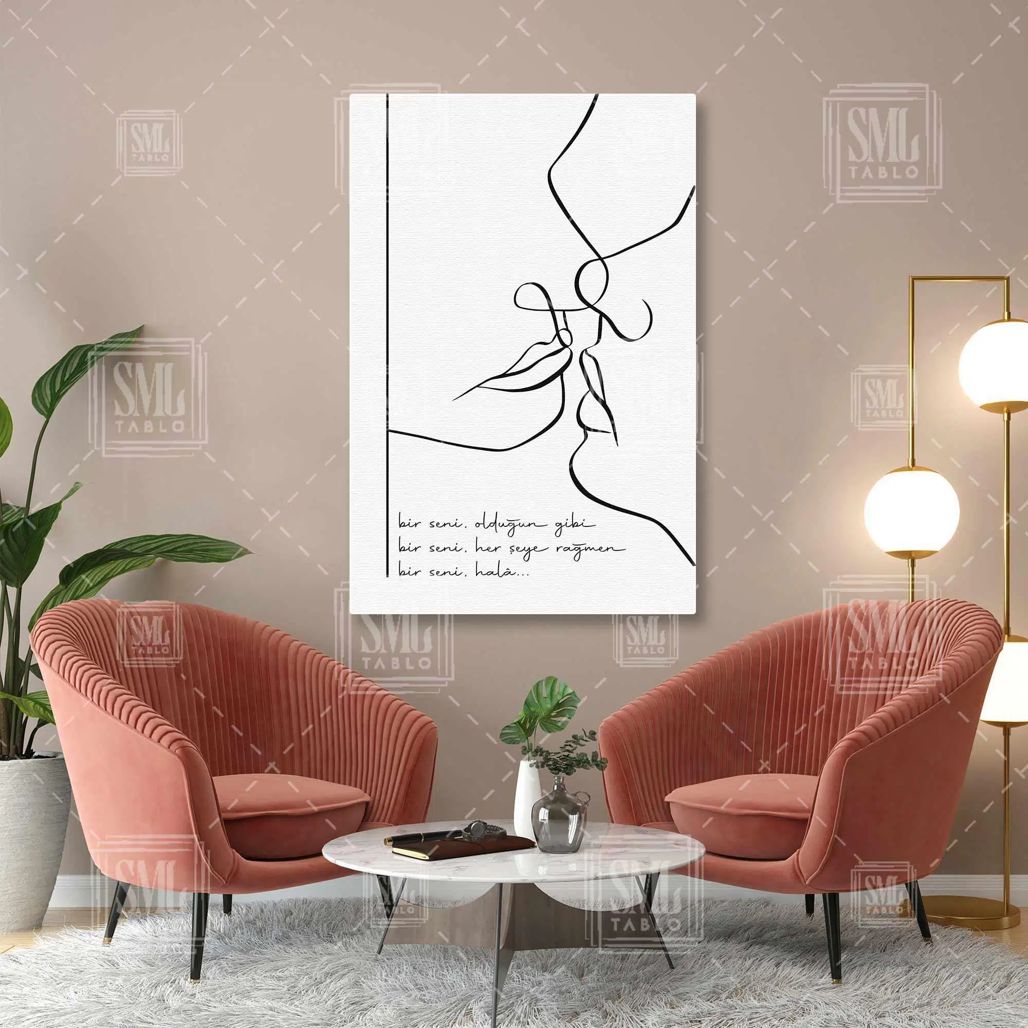 Bir Seni Şiir Öpüşen Çift Line Art Çizgisel Dikey Kanvas Tablo