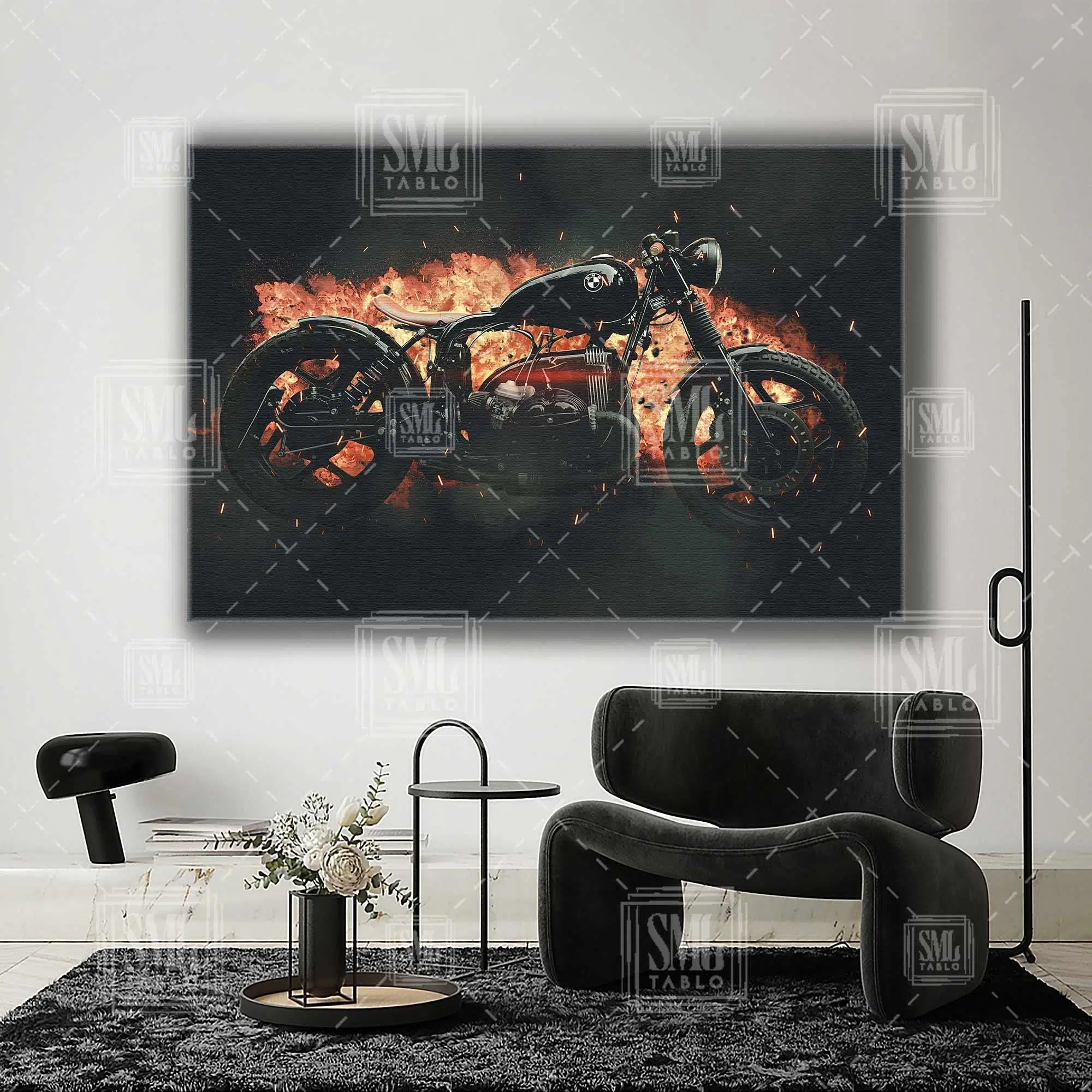 Bmw Motorsiklet Chopper Alev Patlaması İçinde Yatay Kanvas Tablo