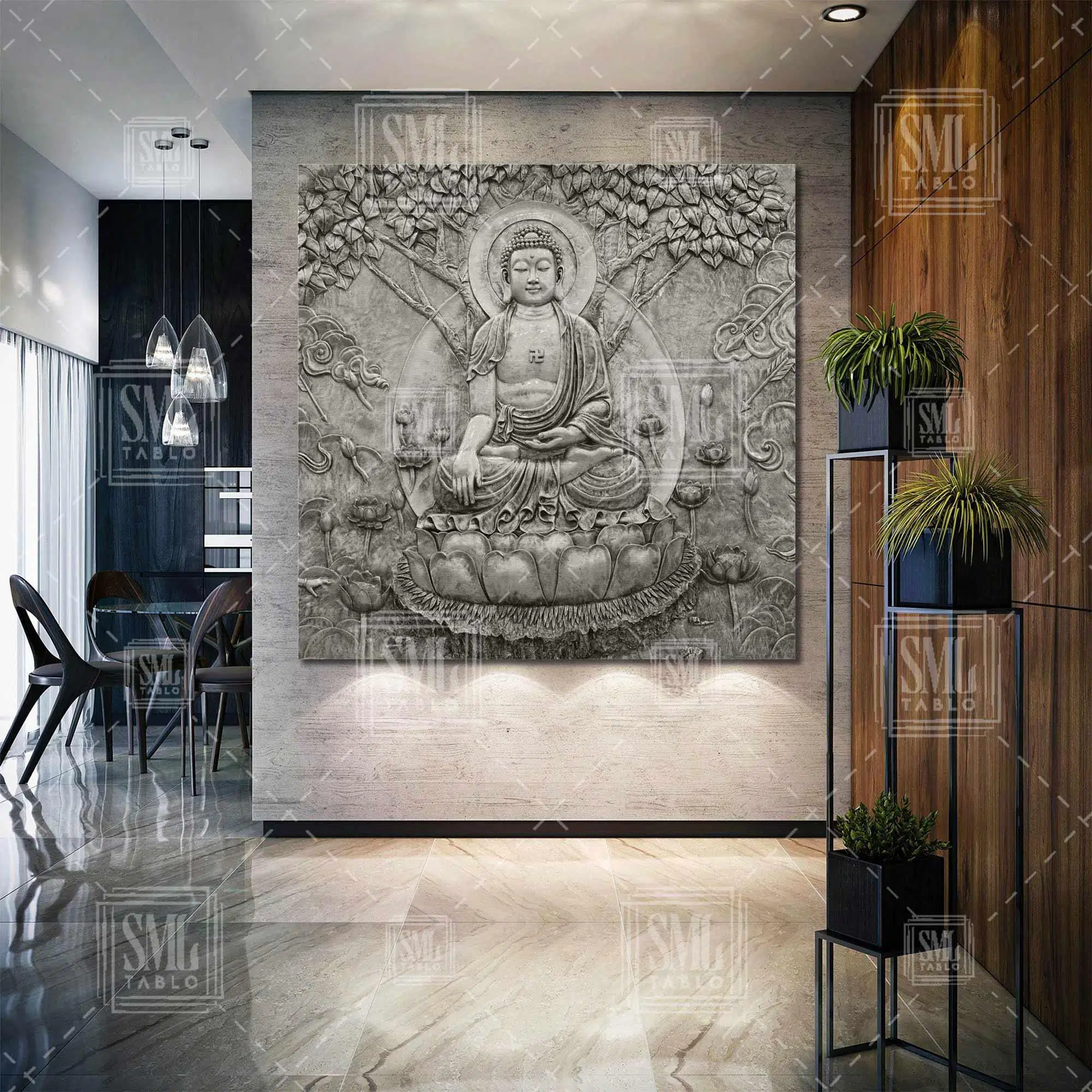 Buda Heykeli Meditasyon Yoga Yaşam Ağacı Kare Kanvas Tablo