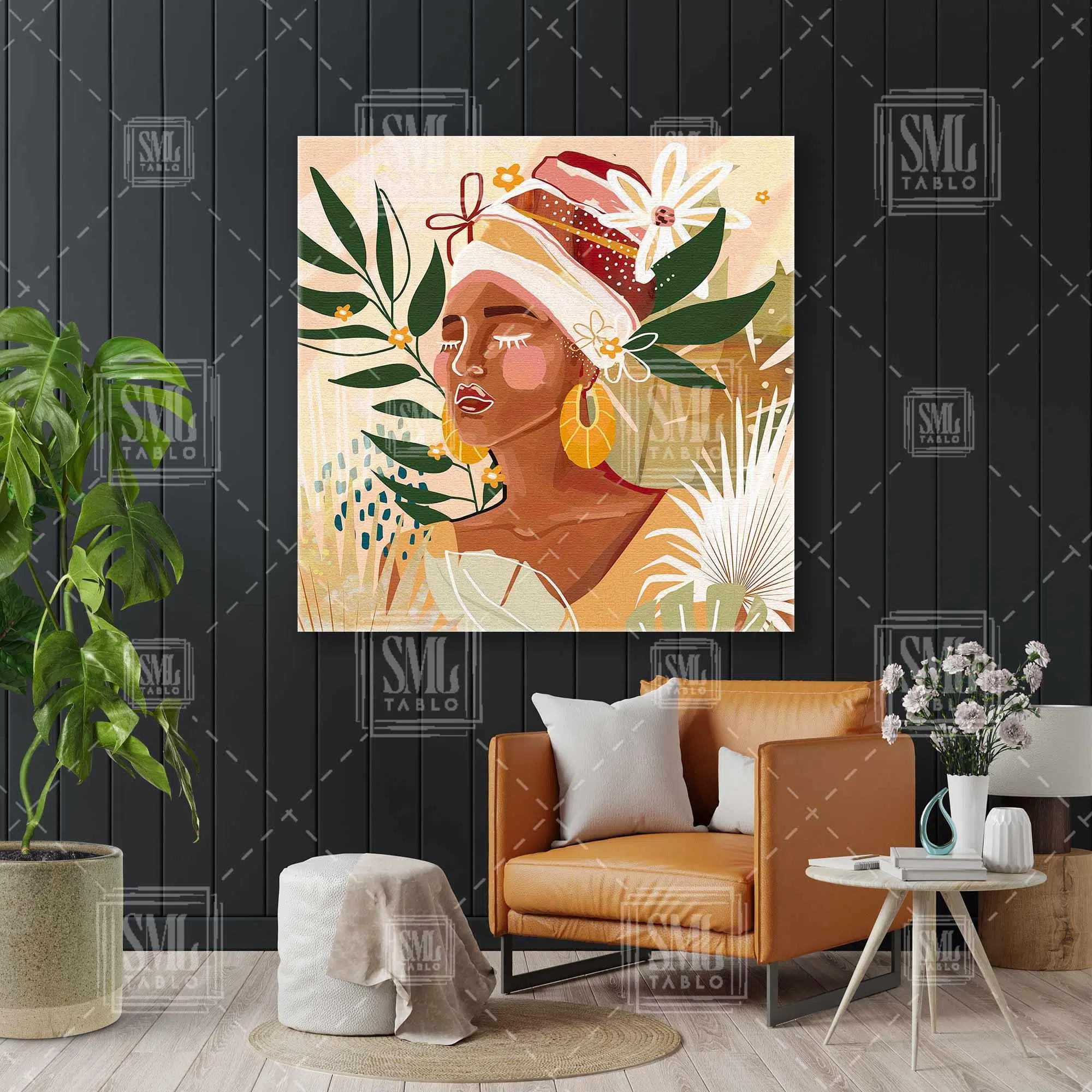 Büyük Altın Küpeli Çizgisel Boho Afrikan Kadın Çiçekli Naturel Fon Kare Kanvas Tablo