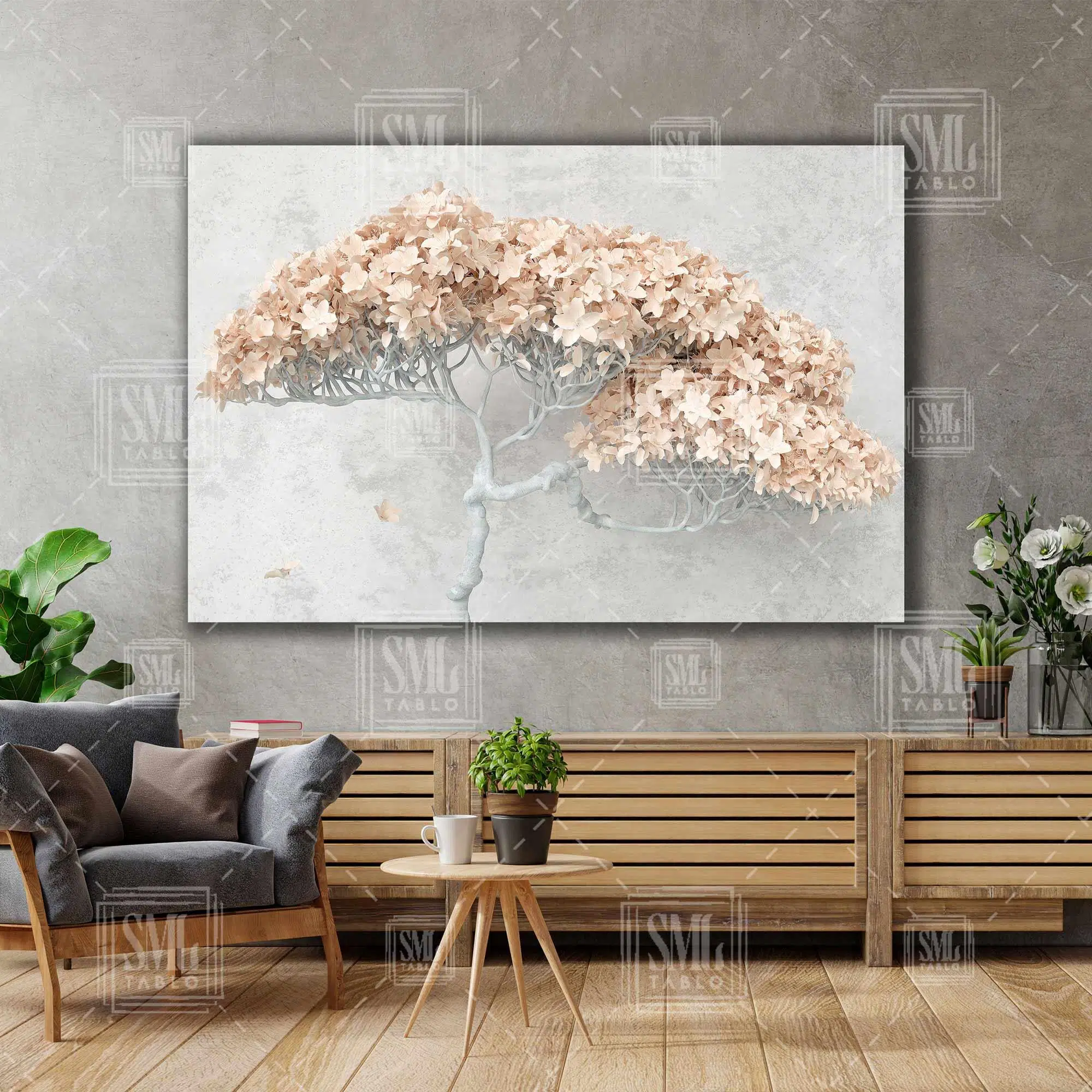 Çiçek Açmış Bonzai Ağacı Modern Sanat Dekor Yatay Kanvas Tablo