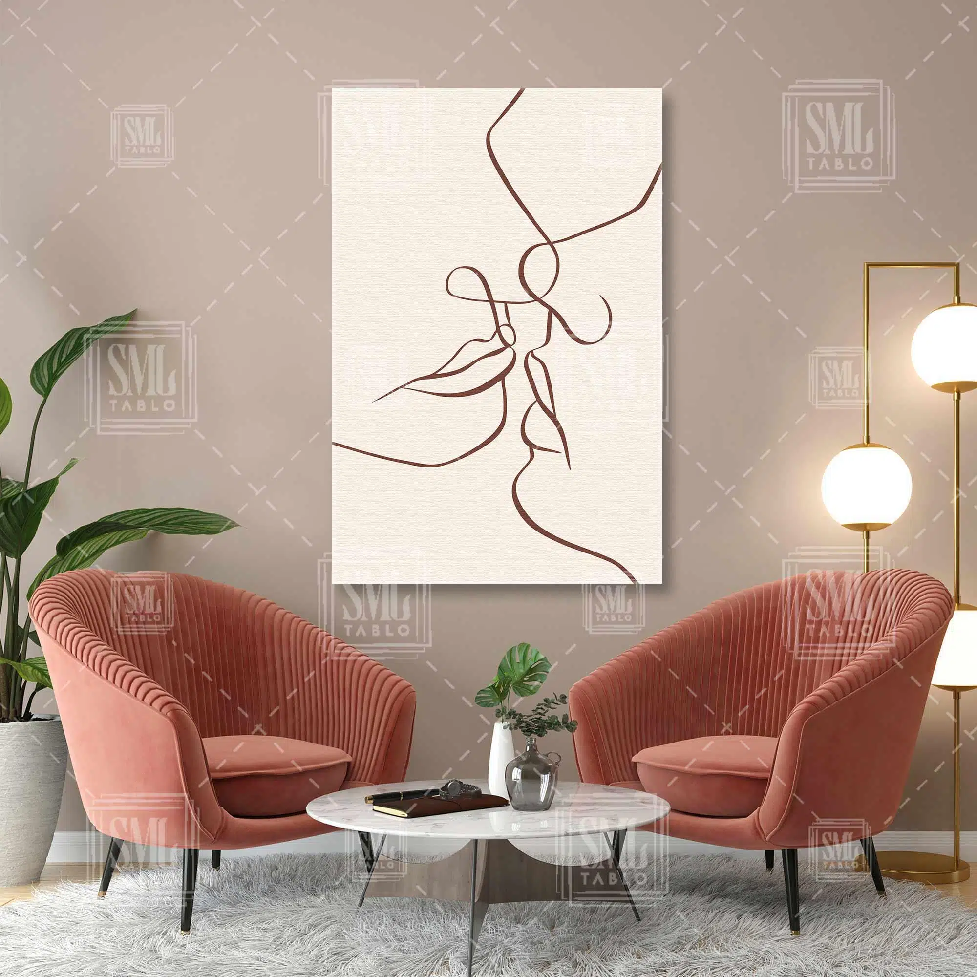 Çizgisel İlüstrasyon Öpüşen Çift Boho Art Line Kahverengi Dikey Kanvas Tablo