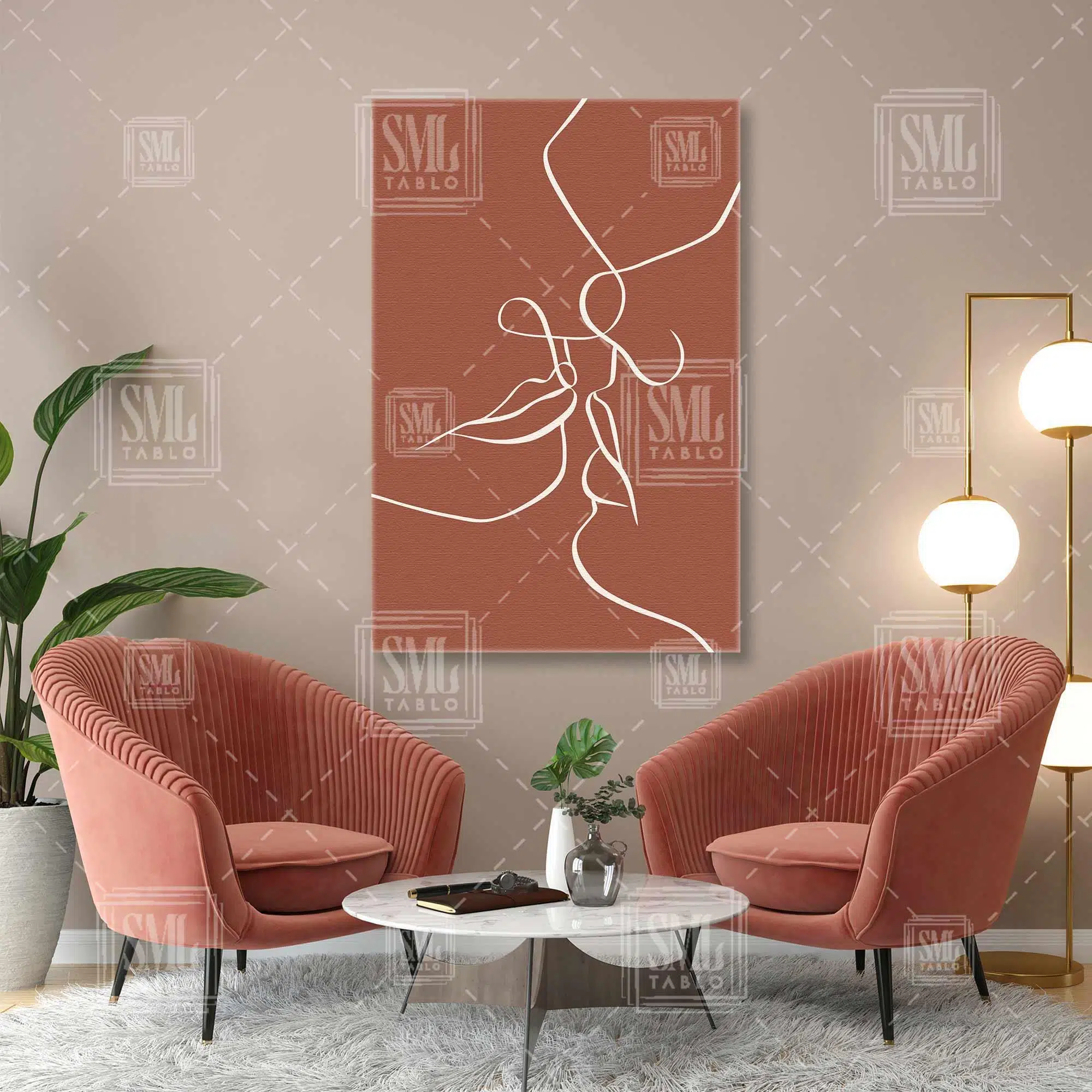 Çizgisel İlüstrasyon Öpüşen Çift Boho Art Lıne Kiremit Dikey Kanvas Tablo