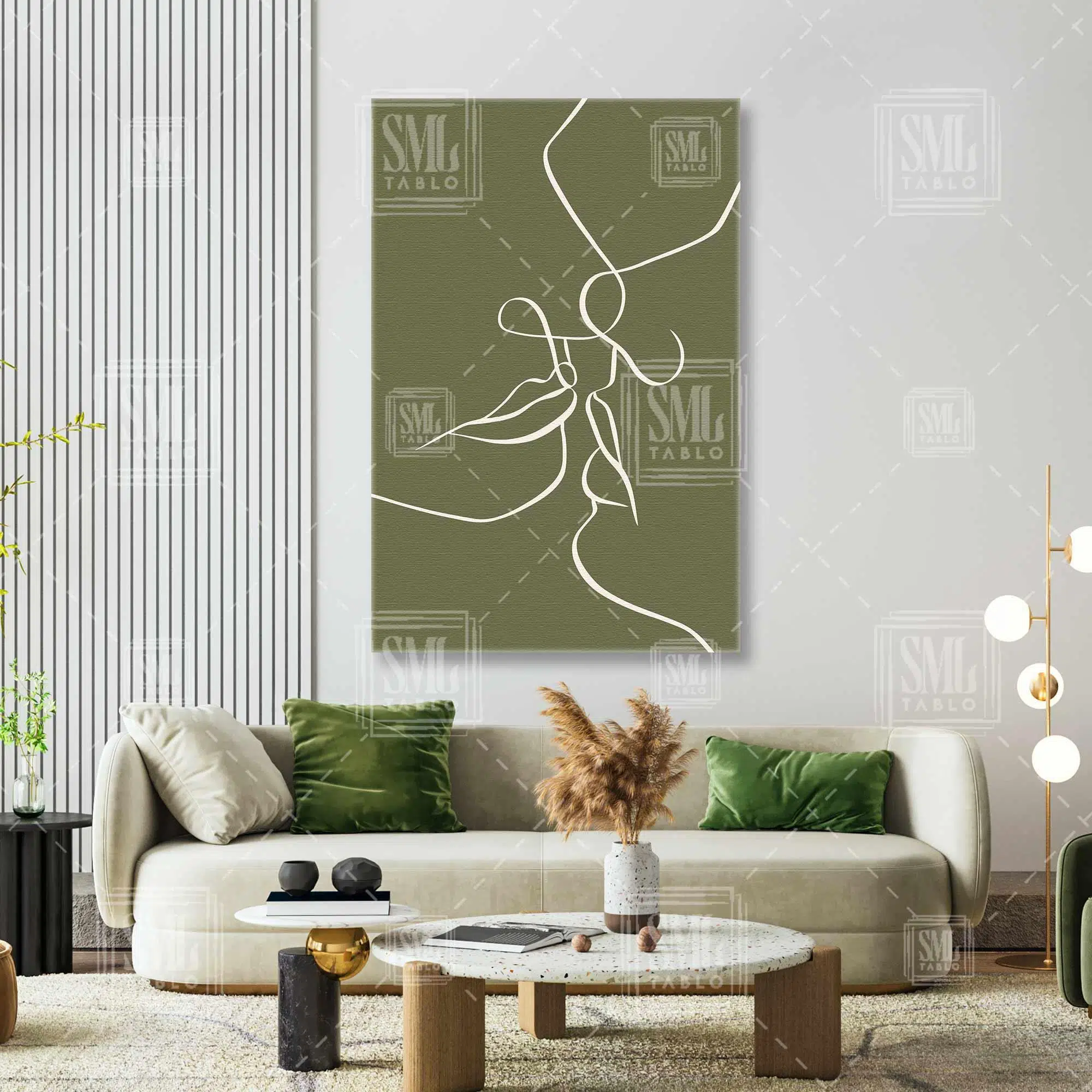 Çizgisel İlüstrasyon Öpüşen Çift Boho Art Lıne Yeşil Dikey Kanvas Tablo