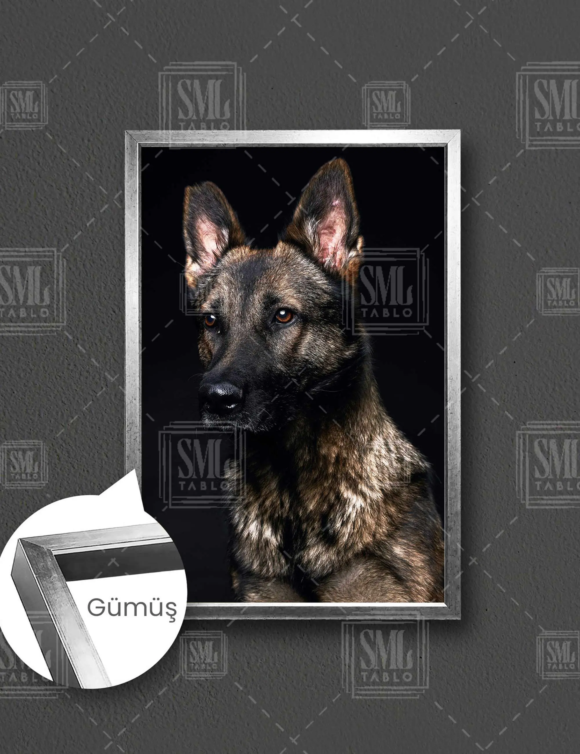 Çoban Köpeği Kurt Asil Hayvan Çerçeveli Dikey Kanvas Tablo - Gümüş