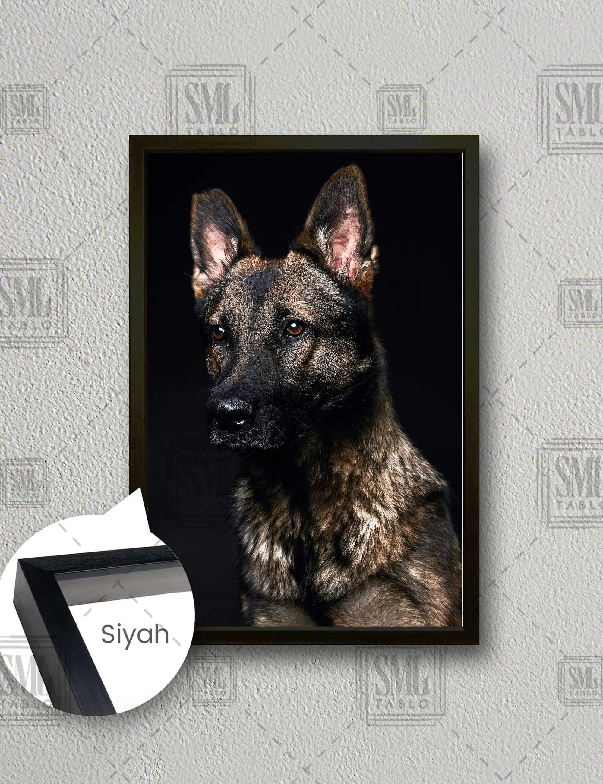 Çoban Köpeği Kurt Asil Hayvan Çerçeveli Dikey Kanvas Tablo - Siyah
