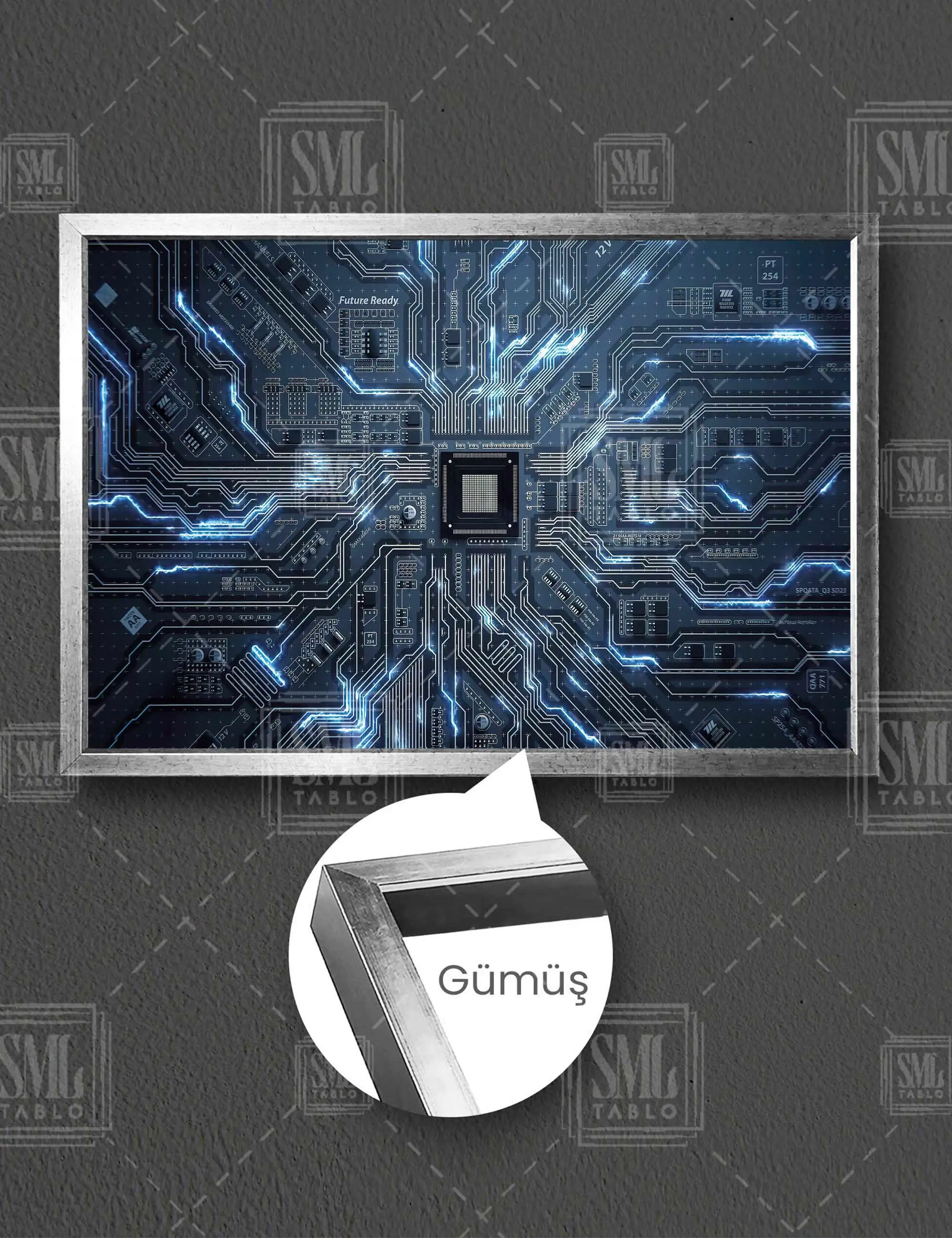 Cpu İşlemci Devre Elektirk Elekronik Kart Yapay Zeka Dijital Dönüşüm Çerçeveli Yatay Kanvas Tablo - Gümüş