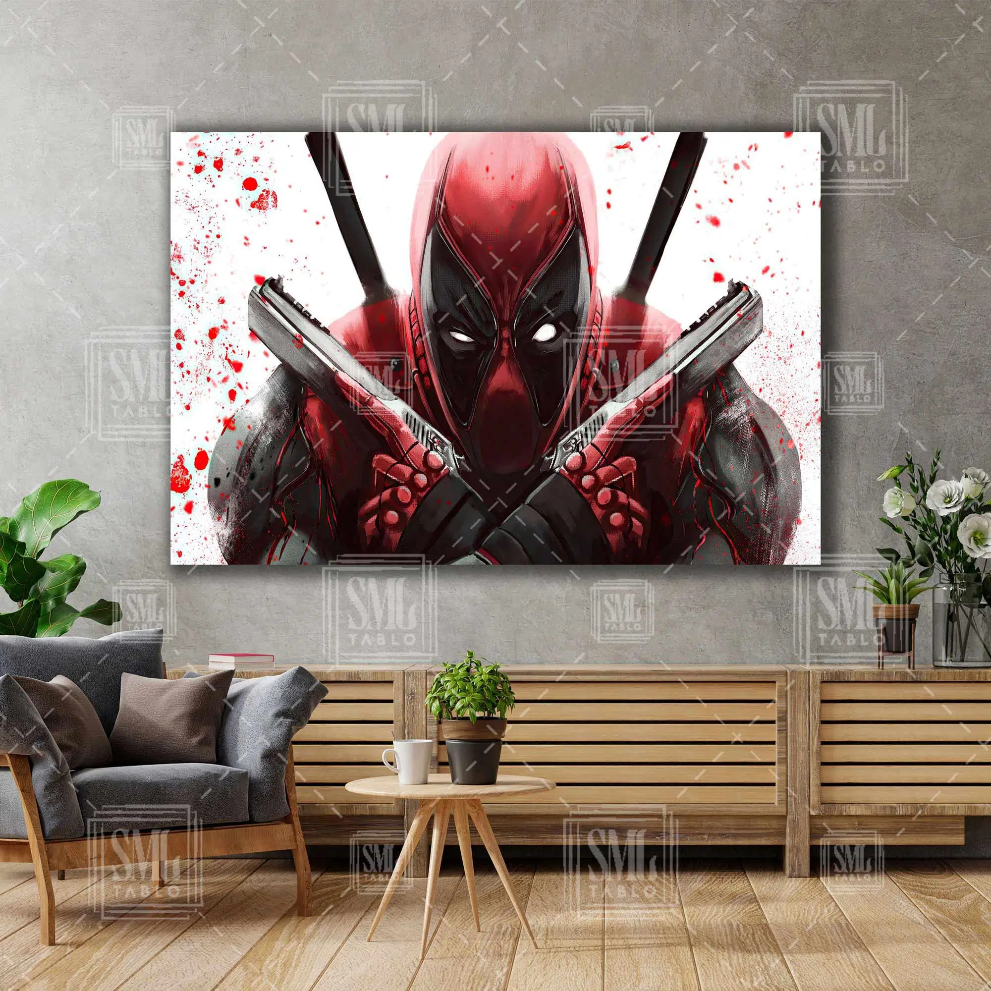 Deadpool Film Sanat Dekorasyon Elinde Silahlar Mafya Dekor Yatay Kanvas Tablo