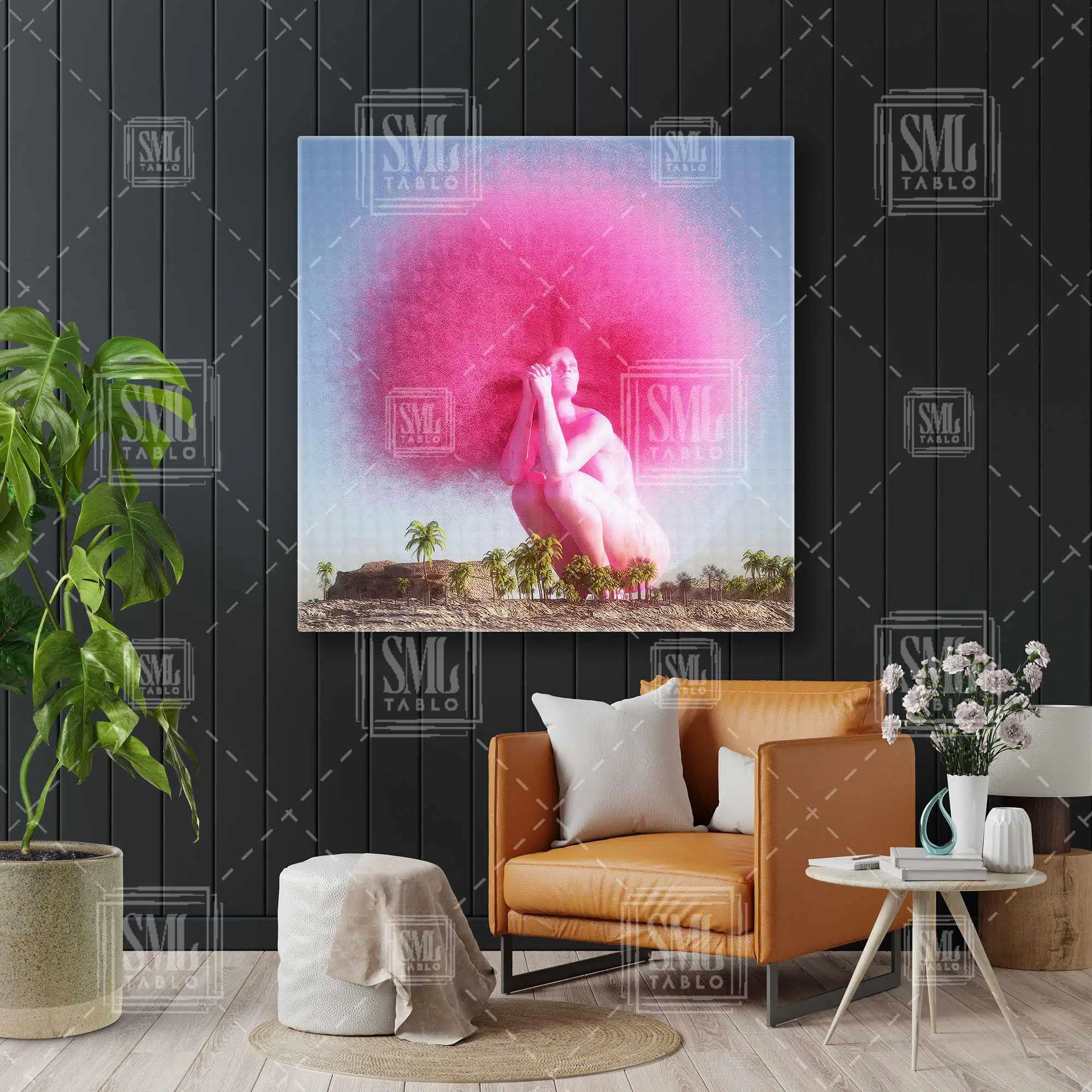 Doğa İçerisinde Afro Saçlı Pembe Büyük Heykel Render Sürreal Kare Kanvas Tablo