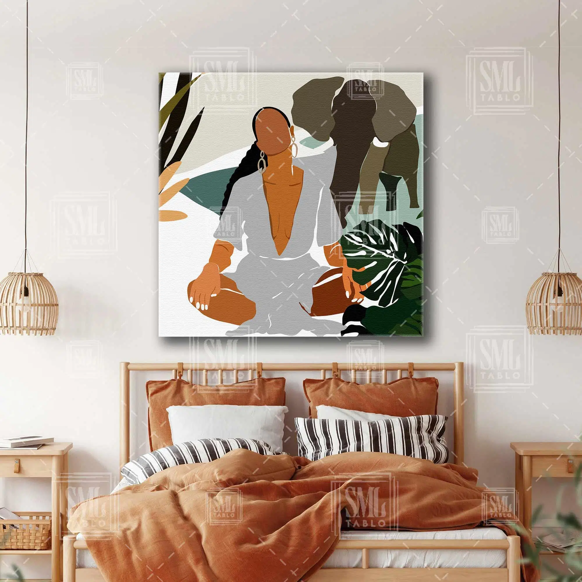 Doğada Yoga Yapan Halka Küpeli Afrikan Kadın Ve Fil Kare Kanvas Tablo