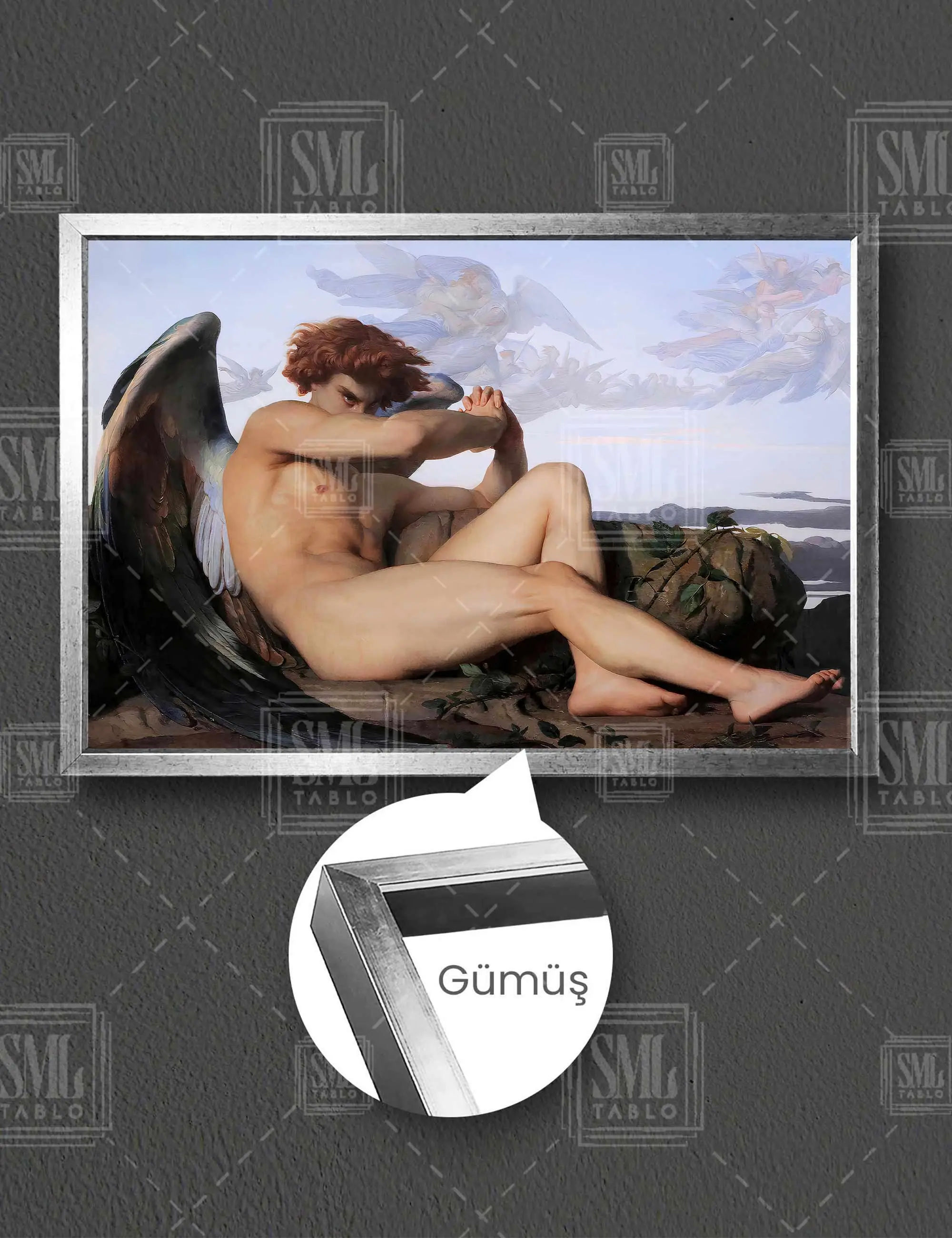 Düşen Melek Fallen Angel Kanatlı Üzgün Melek Alexandre Cabanel Çerçeveli Yatay Kanvas Tablo - Gümüş