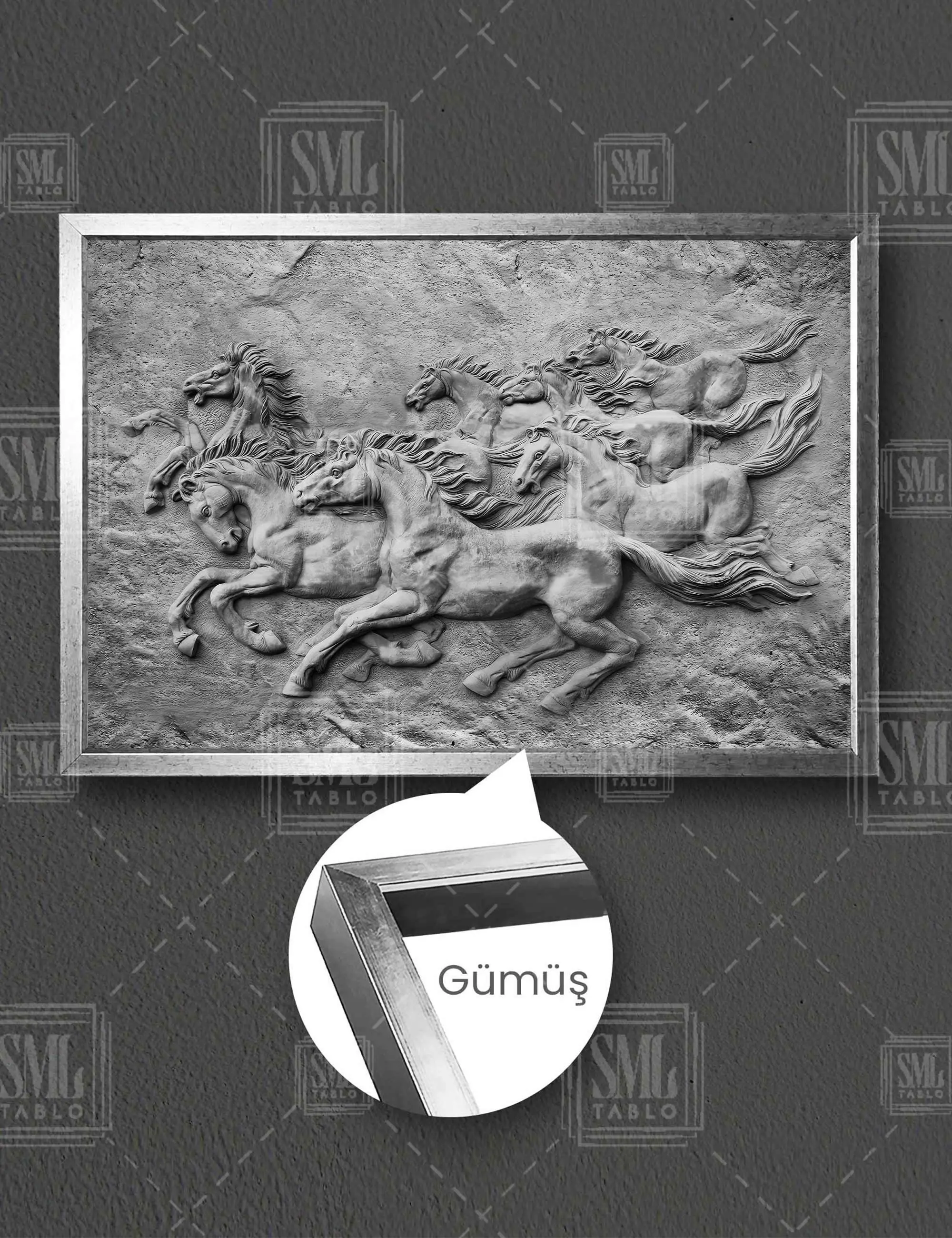 Duvardan Çıkan Koşan Atlar 3D Görünümlü At Sürüsü Çerçeveli Yatay Kanvas Tablo - Gümüş