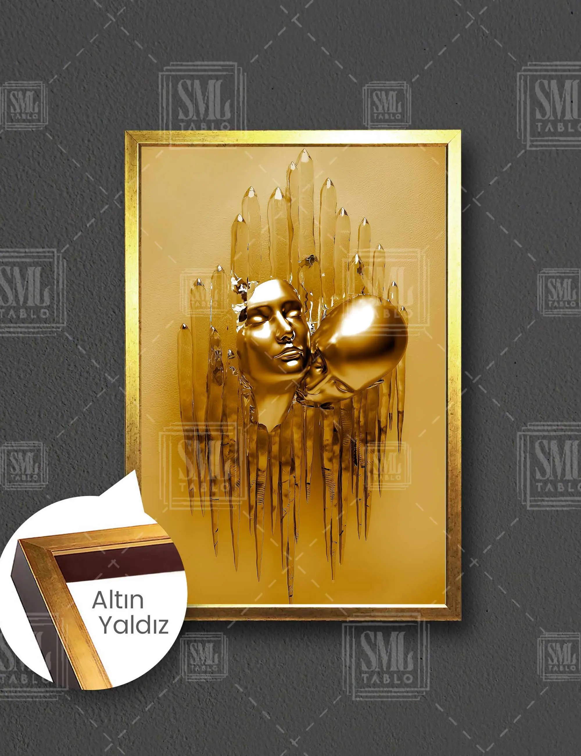Duvardan Çıkan Sarılan Heykel Çift Gold Çerçeveli Dikey Kanvas Tablo