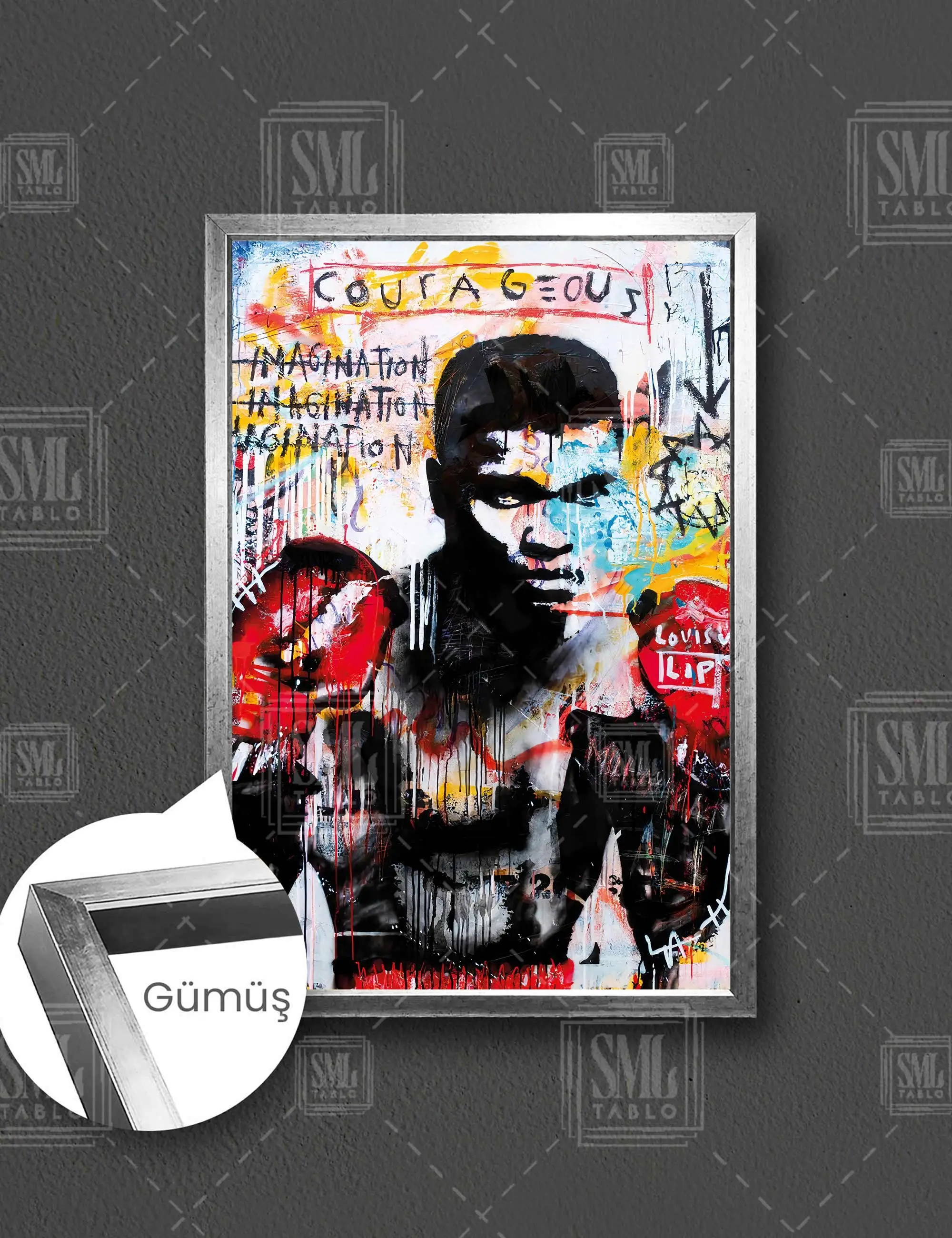 Efsane Boksör Muhammed Ali Grafiti Sokak Sanatı Çerçeveli Dikey Kanvas Tablo - Gümüş