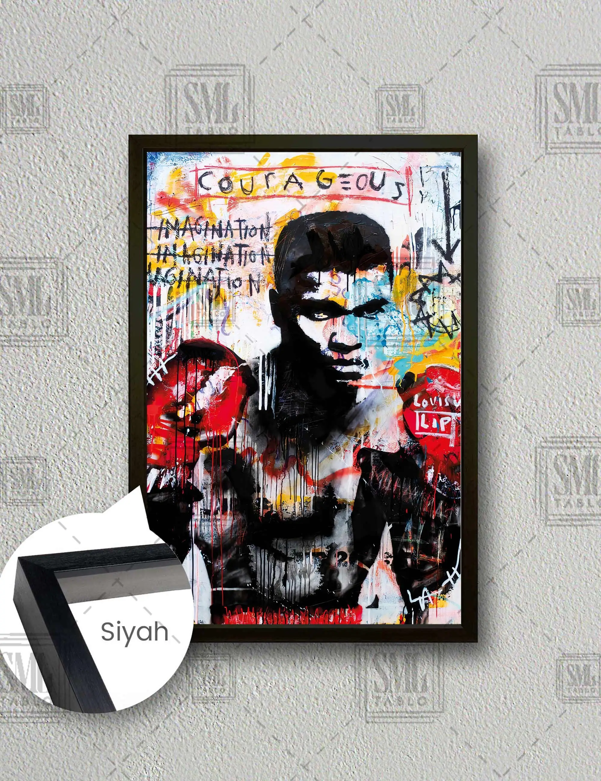 Efsane Boksör Muhammed Ali Grafiti Sokak Sanatı Çerçeveli Dikey Kanvas Tablo - Siyah