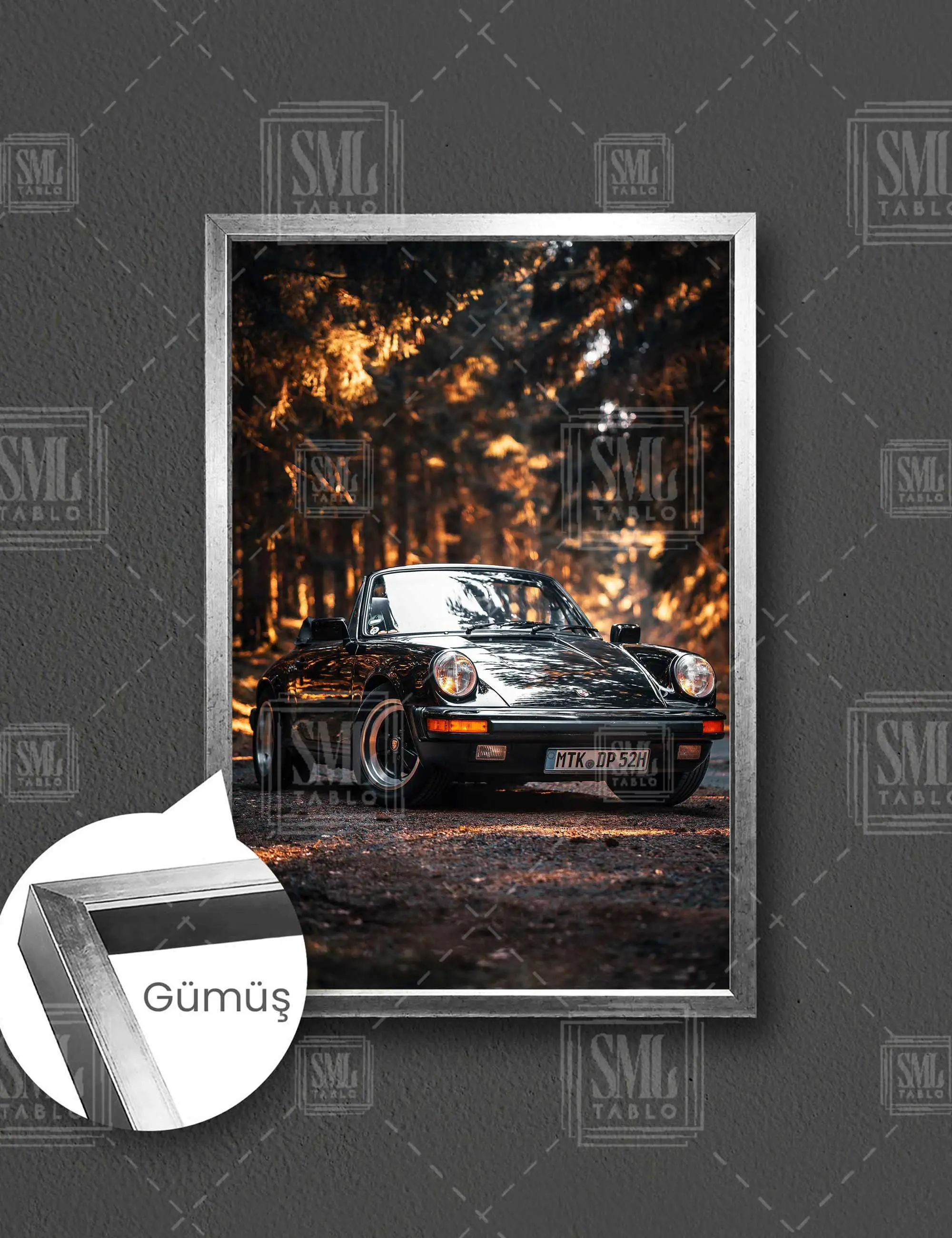 Efsane Nostalji Araba Vintage Car Çerçeveli Dikey Kanvas Tablo - Gümüş
