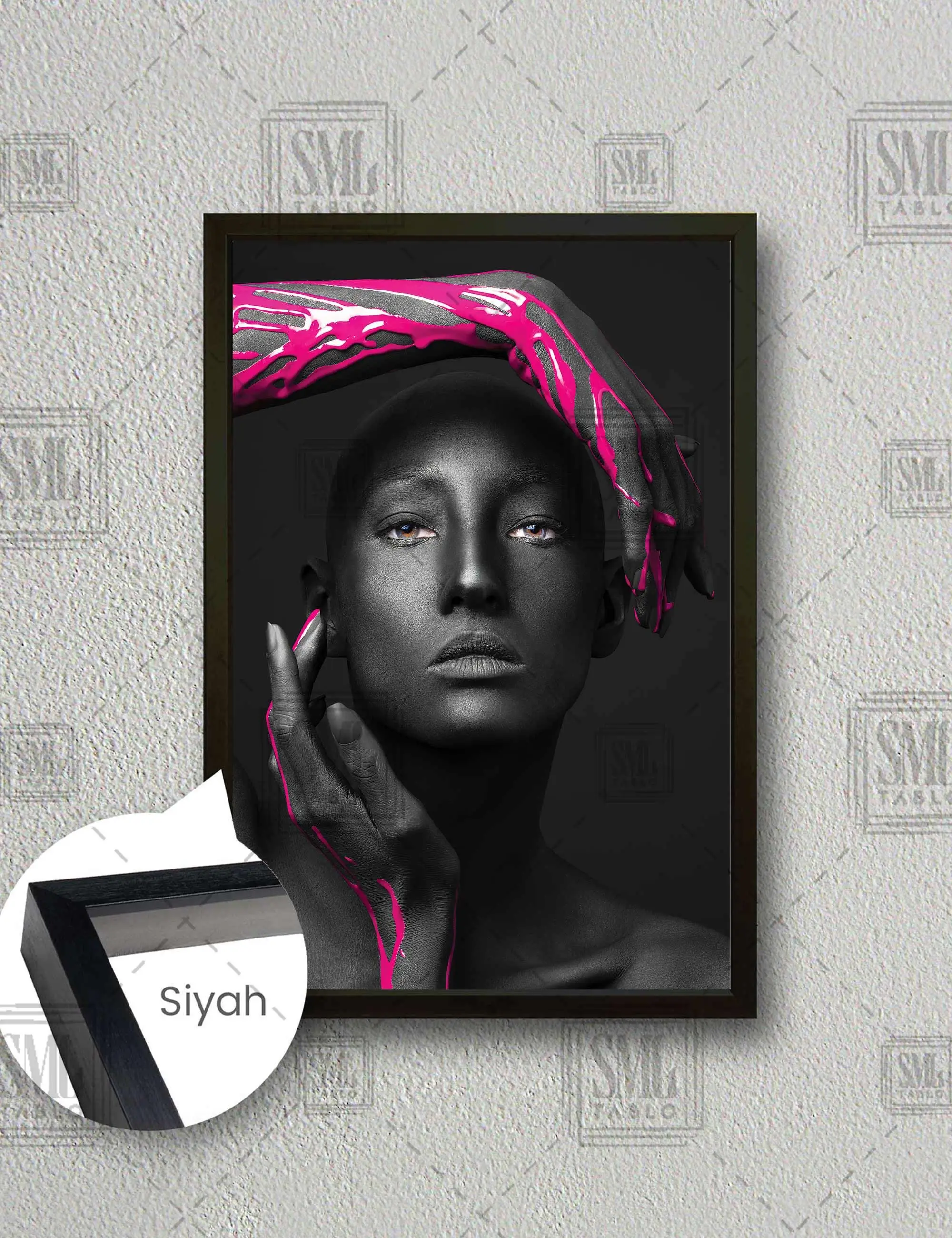 Elinden Pembe Boyalar Akan Model Magenta Dekor Çerçeveli Dikey Kanvas Tablo - Siyah